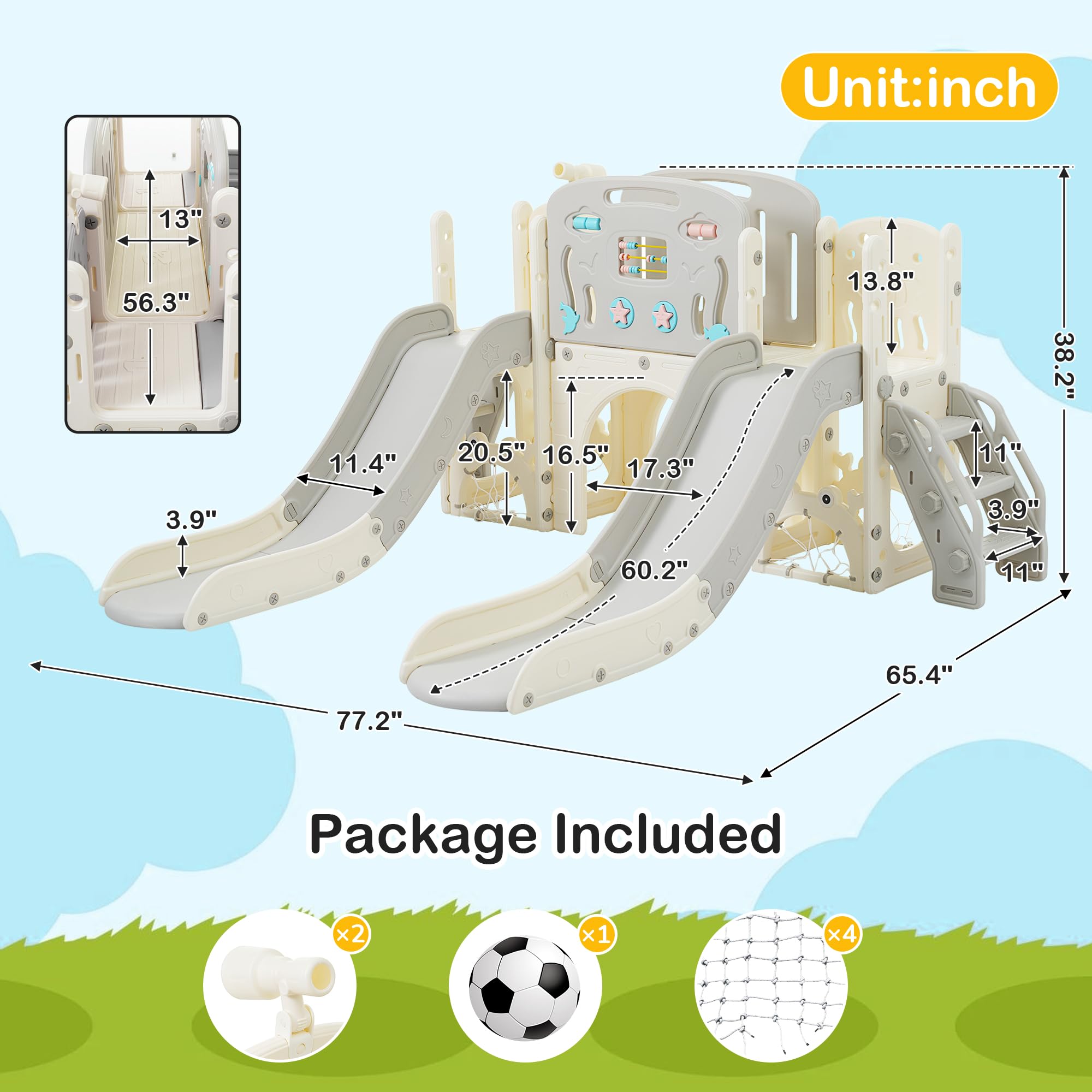 8-in-1 Toddler Double Slide Playset with Football Net & Telescope - Indoor/Outdoor Baby Slide for Kids Ages 1-5 Years - Perfect for Backyards, Playrooms & Daycare Centers
