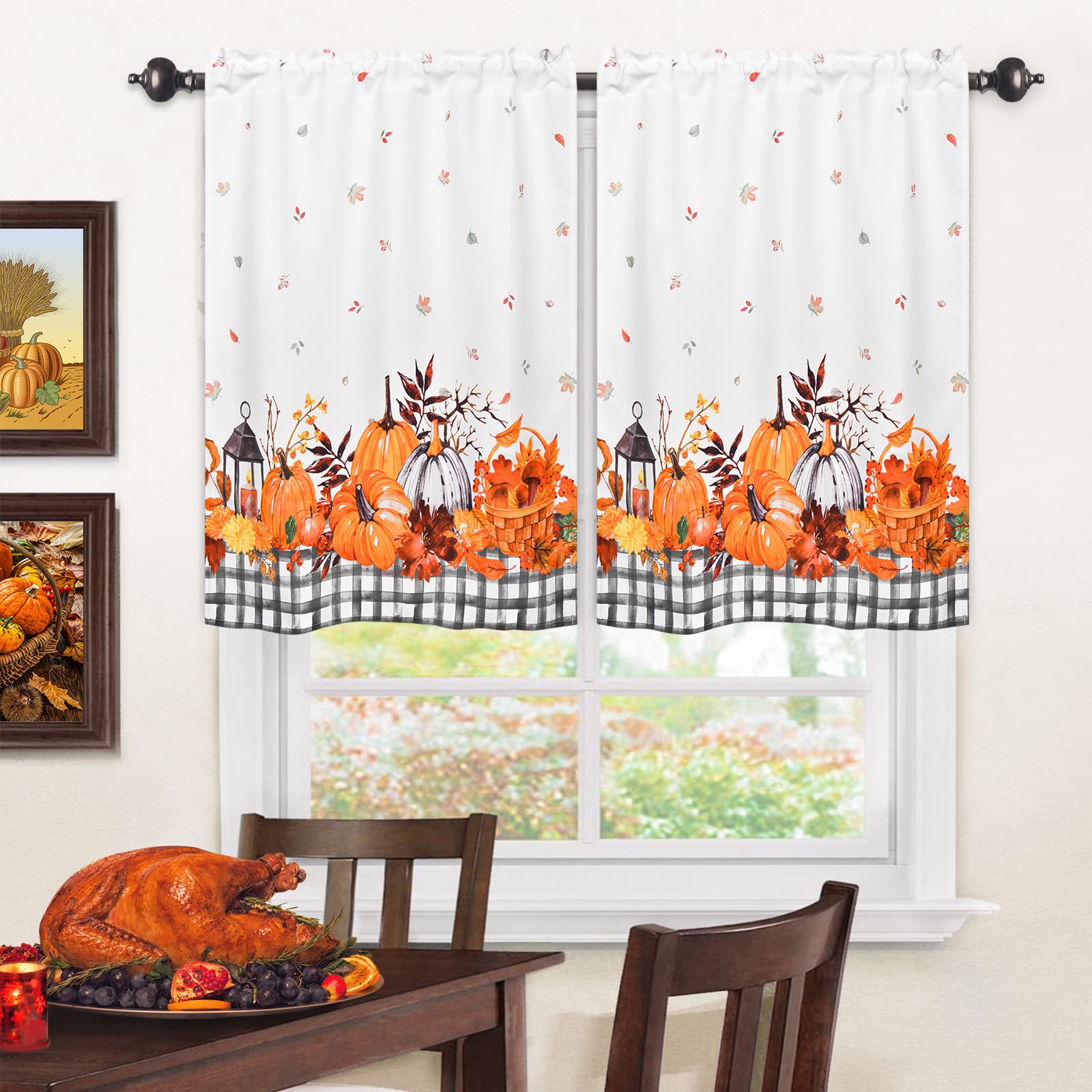Thanksgiving Fall Kitchen Curtains - Maple Leaf & Pumpkin Print Black White Buffalo Plaid Window Tiers - 30''W x 36''L Rod Pocket Curtain Panels for Cafe, Bathroom, Bedroom - Perfect for Autumn Decor & Holiday Home Styling