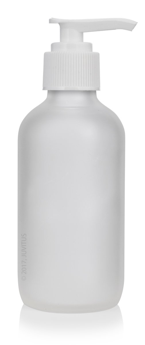 4 oz Frosted Clear Glass Boston Round Bottle with White Lotion Pump (6 Pack) + Funnel - Perfect for DIY Beauty, Essential Oils, and Hand Sanitizer Dispensers - Ideal for Home, Salon, and Spa Use