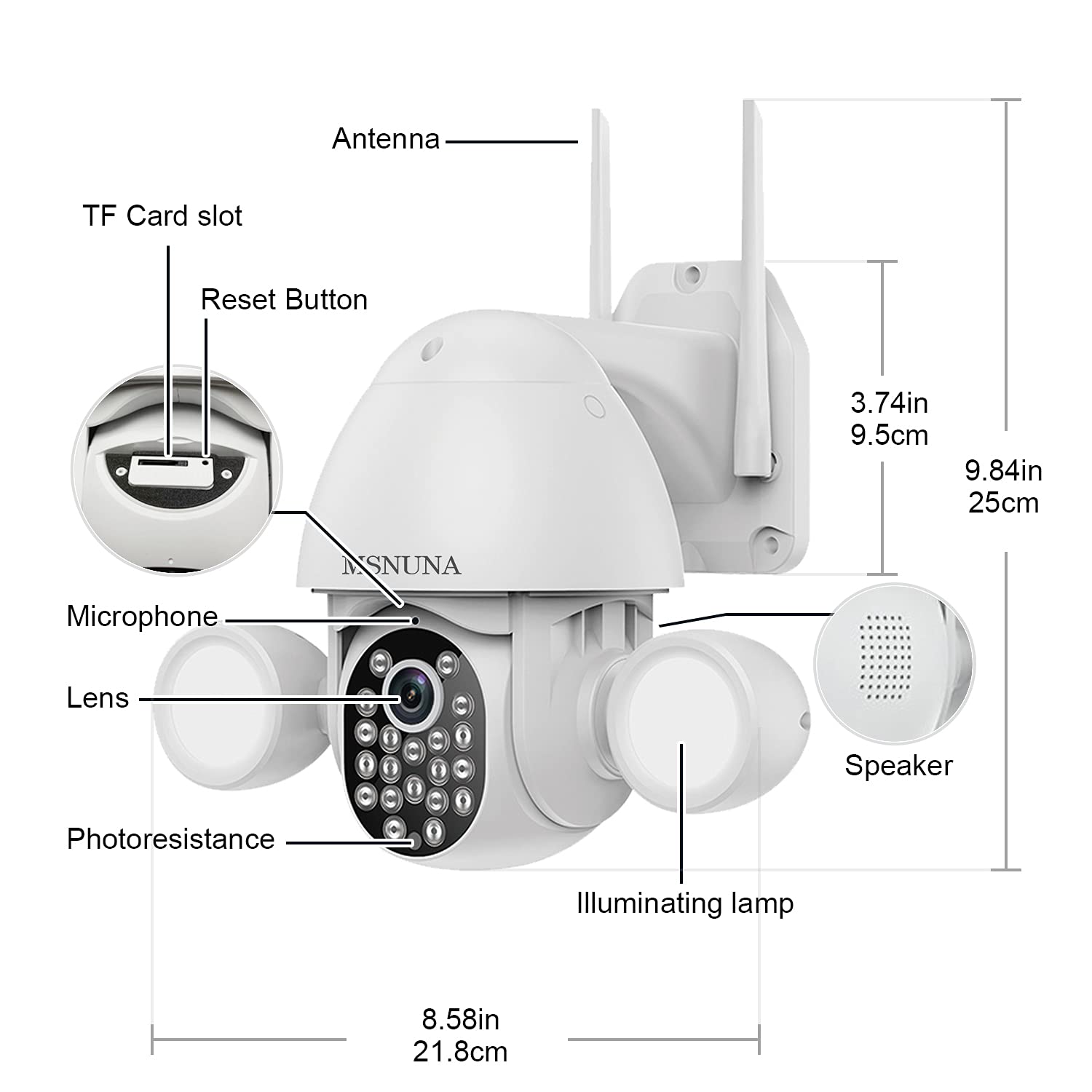 64GB Card Included - MSNUNA 3MP Ultra HD Outdoor Security Camera with Floodlight, 355° Pan Tilt View, Motion Detection, 2.4G WiFi, Color Night Vision, PTZ, Two-Way Audio, Weatherproof - Ideal for Home Security, Backyard Monitoring & Business Protection