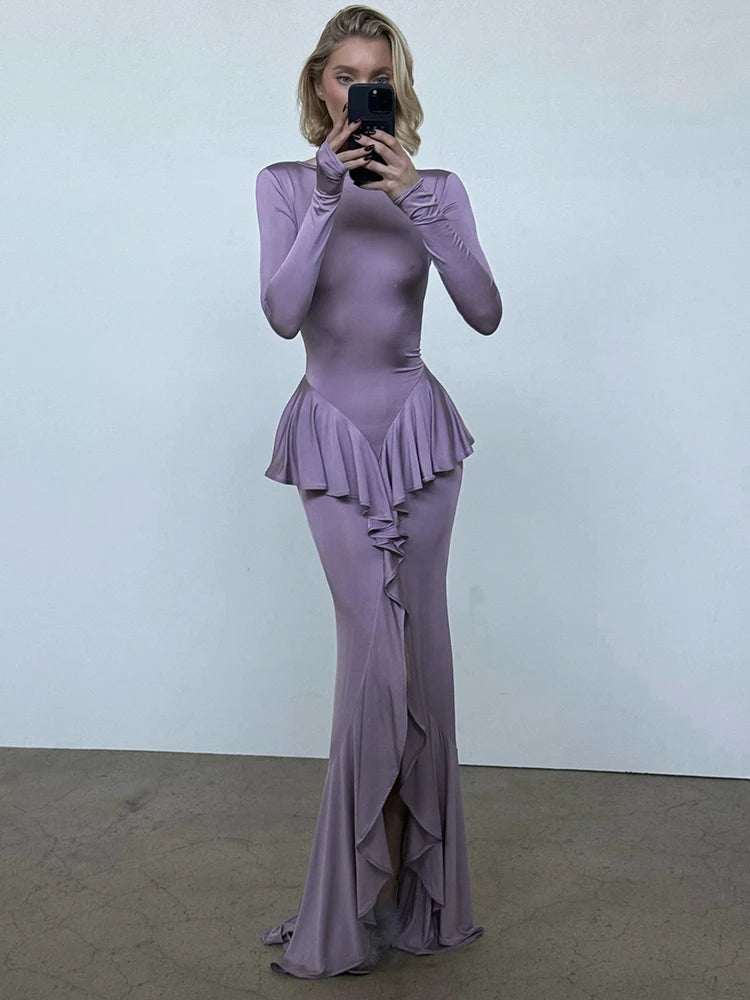 Sexy Backless Ruffled Maxi Dress for Women - Elegant O-Neck Long Sleeve Evening Gown with Thigh High Split | Perfect for Parties, Weddings & Date Nights