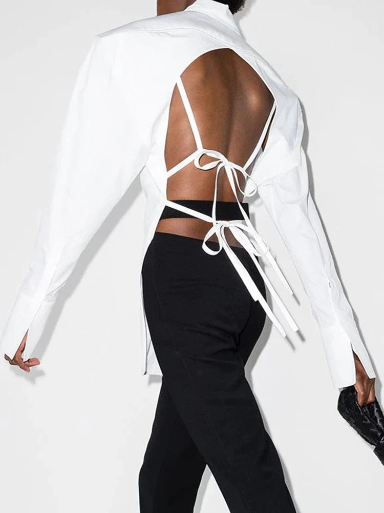 Sexy Backless White Blouse for Women - Lapel Long Sleeve Bandage Top | Minimalist High Street Fashion | Perfect for Night Out, Date Night & Party Wear