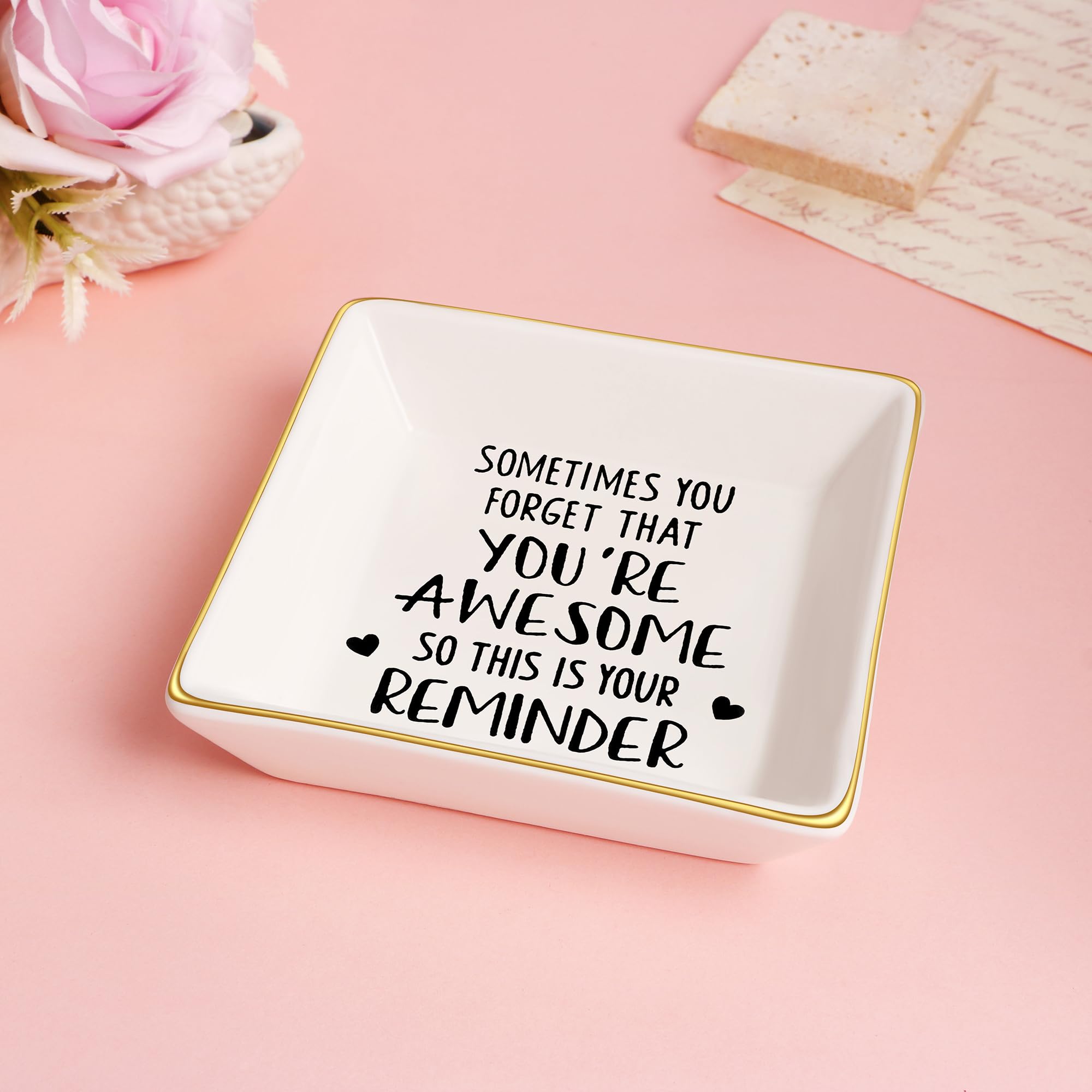JoycuFF Inspirational Jewelry Dish for Women - White Ceramic Ring Holder, Modern Jewelry Organizer for Birthday & Christmas Gifts - Perfect for Vanity, Dresser & Nightstand Decor
