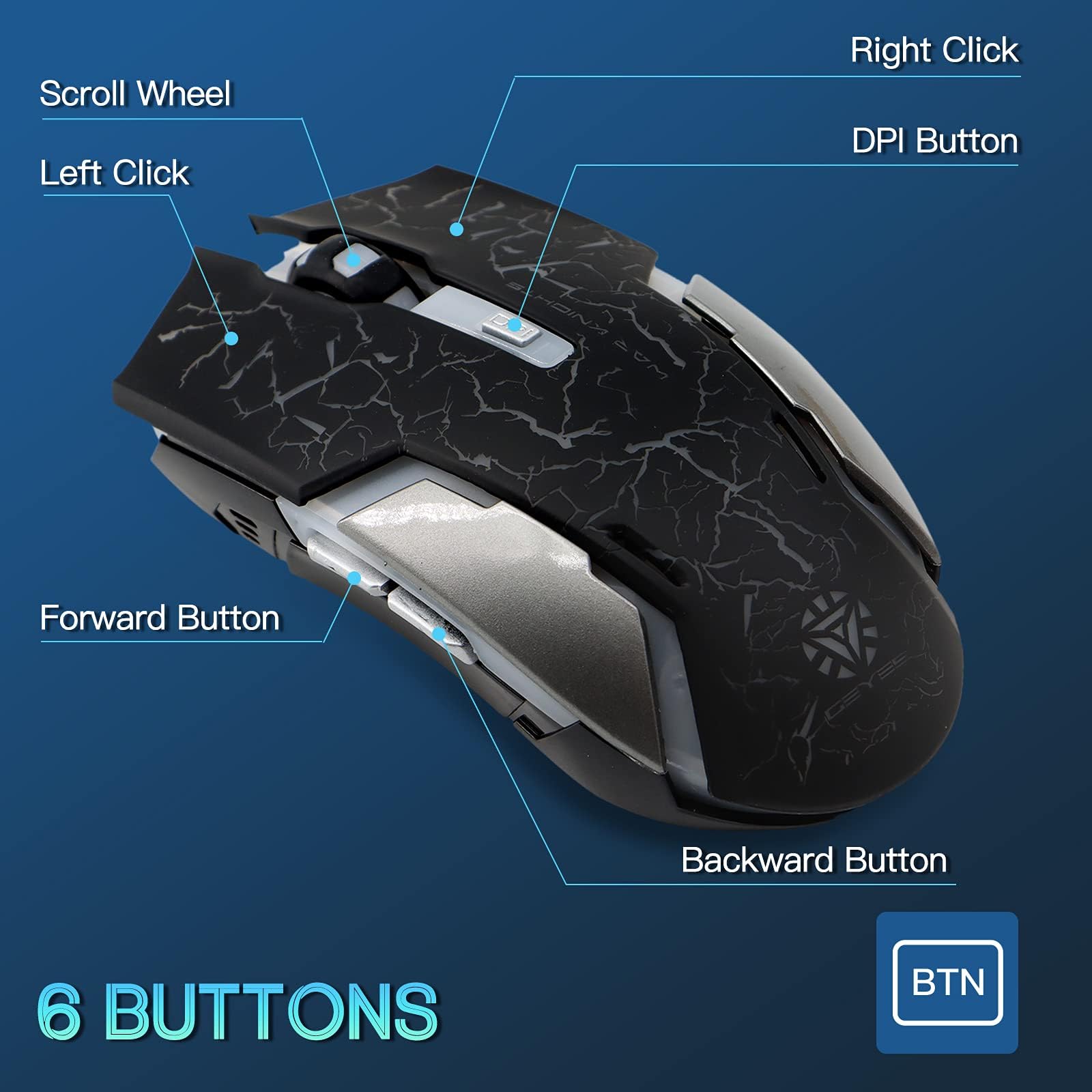VEGCOO Wireless Gaming Mouse - Silent Click Rechargeable Mouse with RGB LED Lights, 2400/1600/1000 Adjustable DPI for Laptop & Desktop (C8 Black) - Perfect for Gaming, Office Work & Home Use