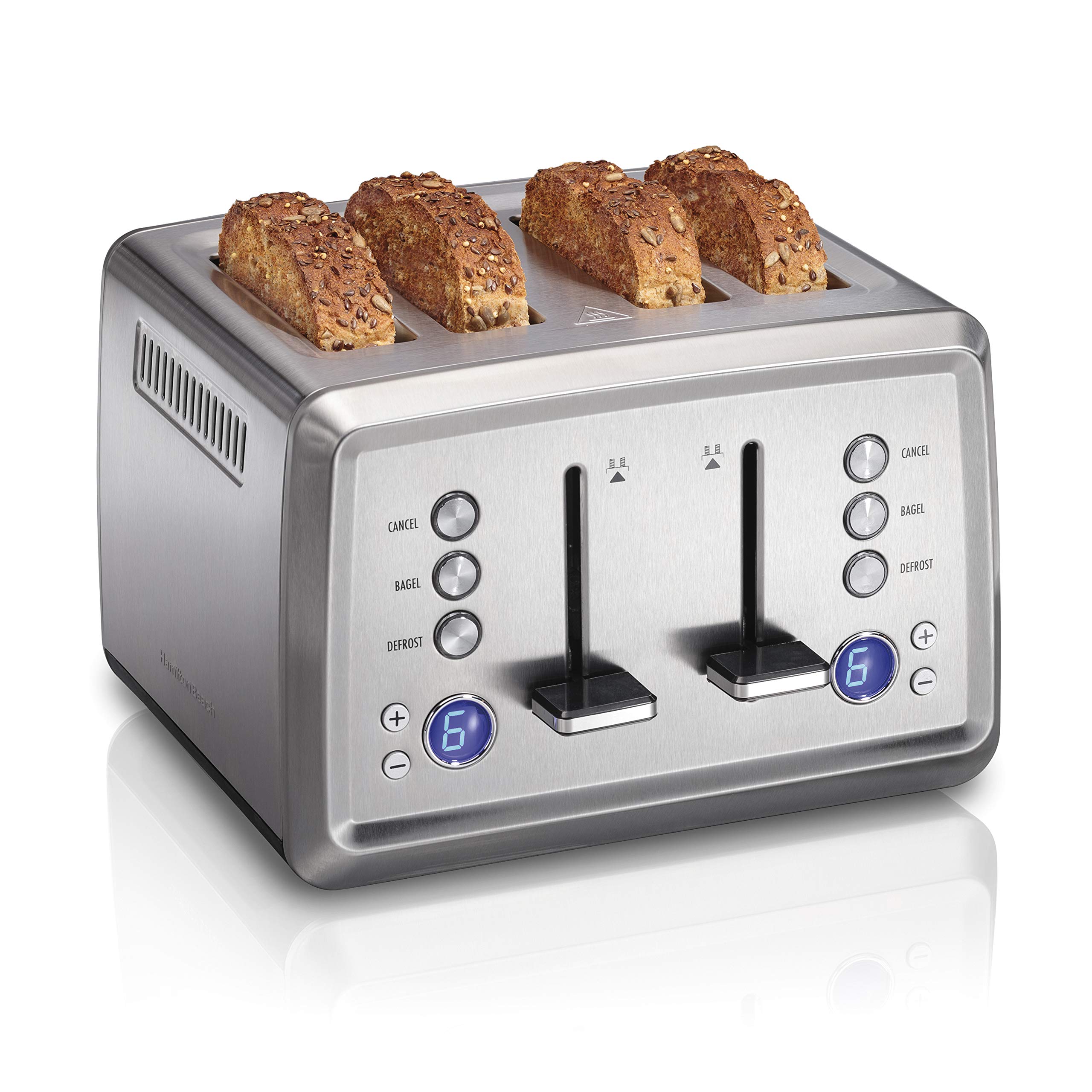 Hamilton Beach 4 Slice Toaster - Extra-Wide Slots, Bagel Setting, Defrost Function - Stainless Steel (24796) - Perfect for Breakfast, Bagels, and Quick Snacks at Home or Office