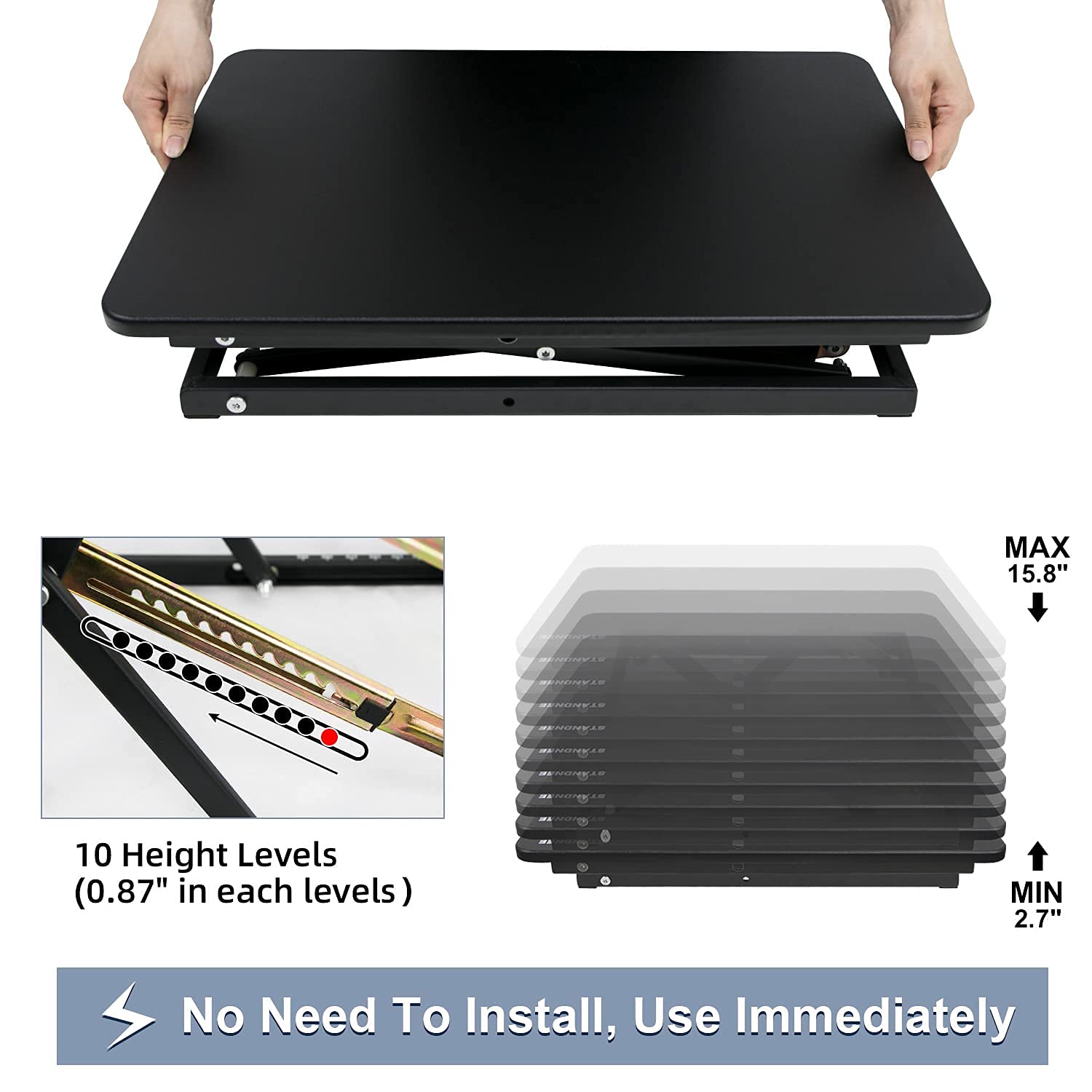 Ergonomic Standing Desk Converter - Height Adjustable Stand Up Desk Riser for Home & Office (Black) | Supports 300 lbs, Fully Assembled Monitor/Laptop Workstation | Perfect for Remote Work, Gaming & Productivity