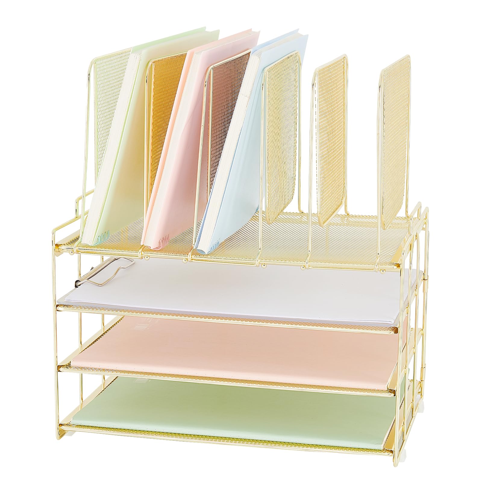 AUPSEN 3-Tier Metal Desk Organizer with 5-Section Vertical File Holder - Gold Office Supplies for Home & Workspace - Perfect for Paper Storage, Document Organization & Office Accessories Arrangement