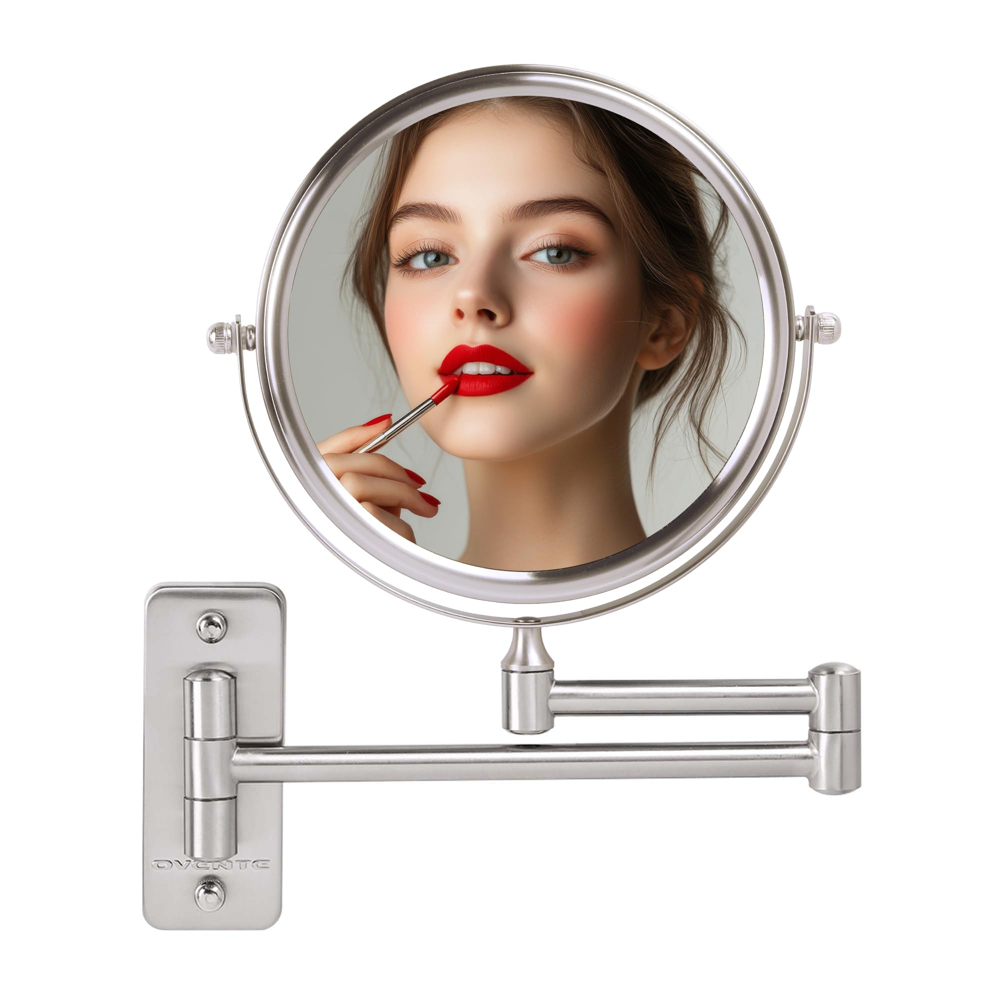 OVENTE 7-Inch Wall Mounted Makeup Mirror with 1X/10X Magnification - Double Sided Round Bathroom Vanity Mirror, 360° Swivel & Extendable Folding Arm in Brushed Nickel (MNLFW70BR1X10X) - Perfect for Makeup Application, Skincare Routine & Shaving in Small Bathrooms