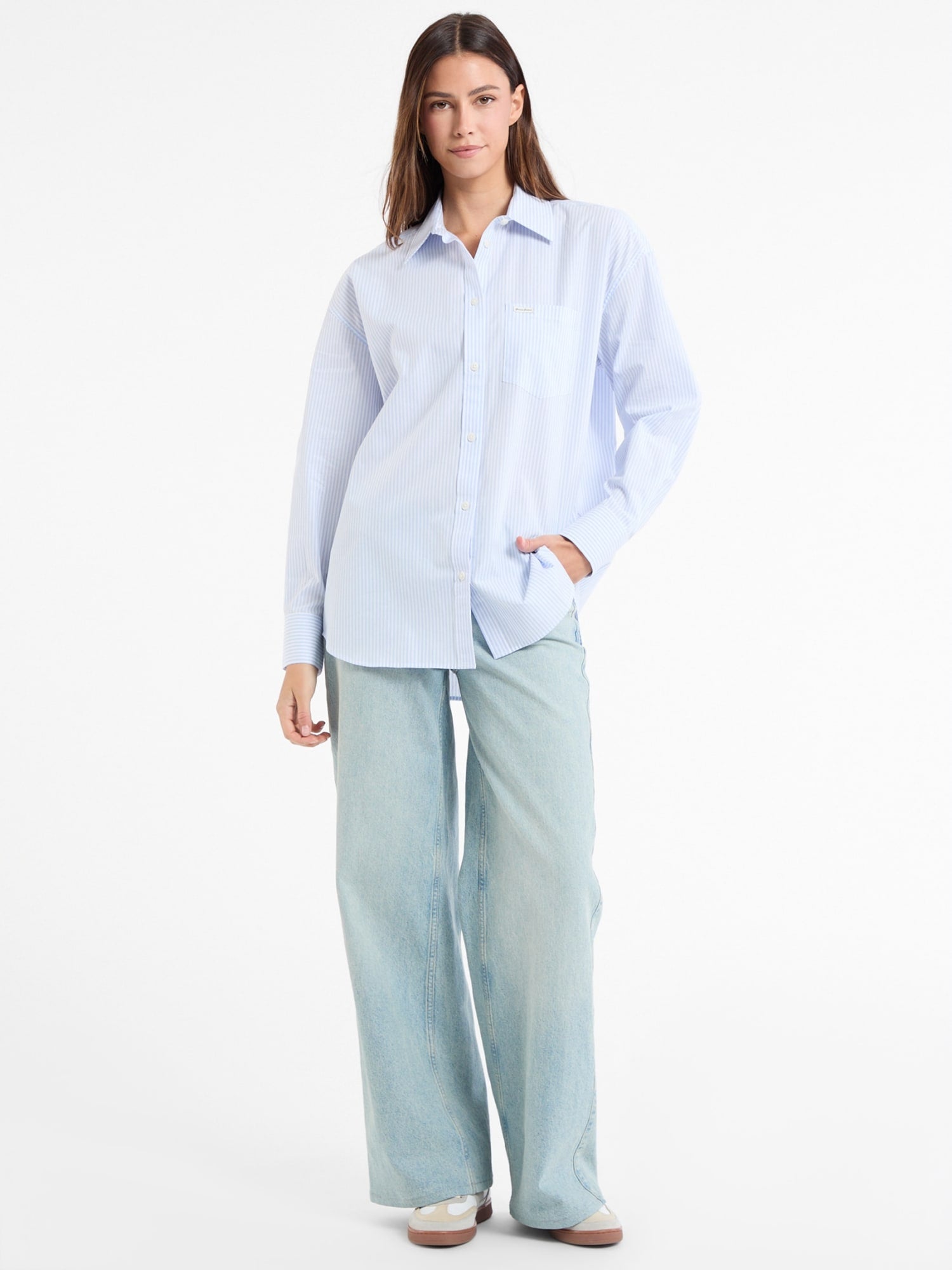 Guess Women's Blue Denim Oversized Shirt - Casual Button Down Top for Streetwear & Layered Outfits