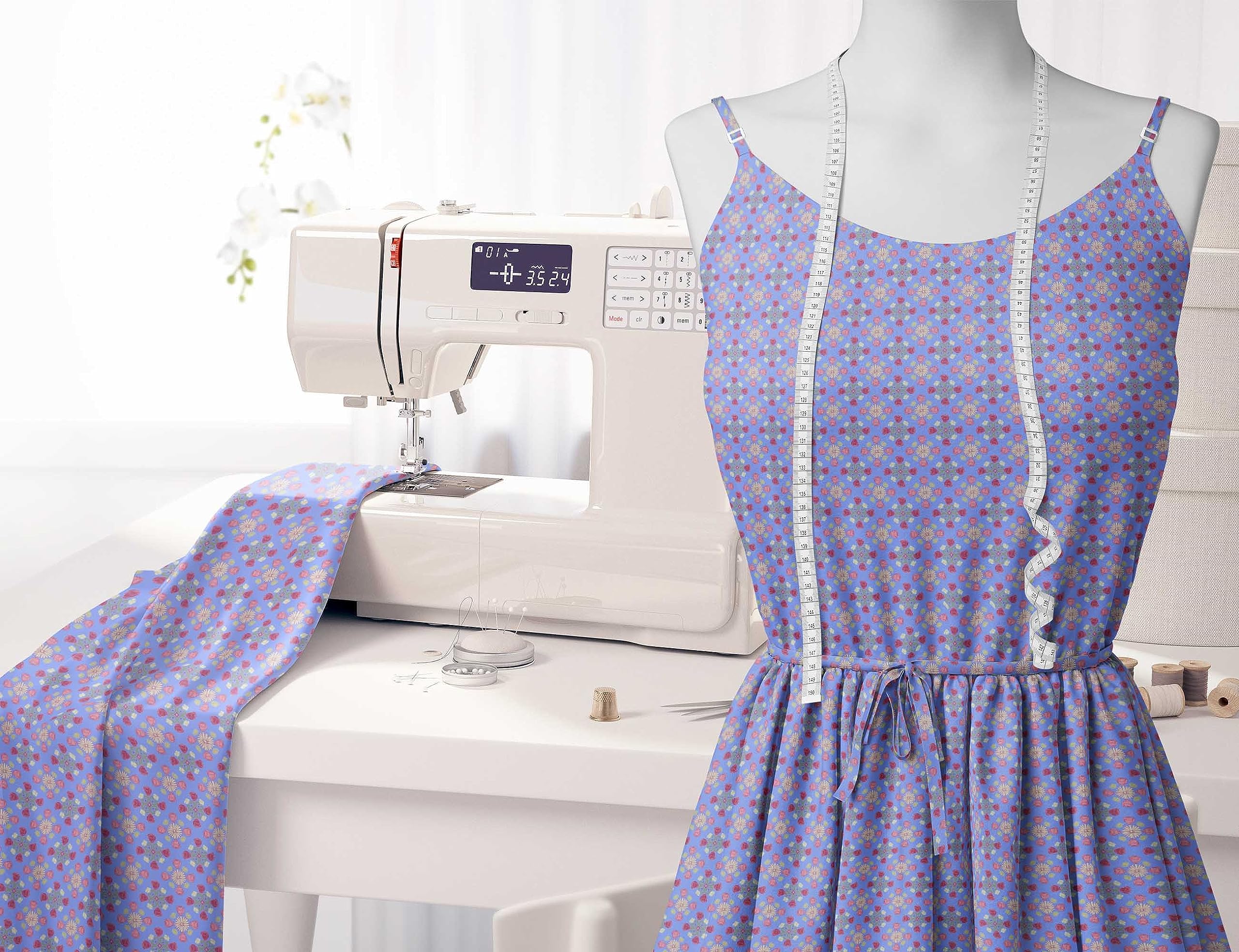 Soimoi Moss Georgette Blue Fabric by The Yard - 42 Inch Wide Floral Damask Printed Fabric for Dresses, Curtains & Home Decor | Romantic Aster & Roses Design | Lightweight Sheer Material for DIY Sewing Projects