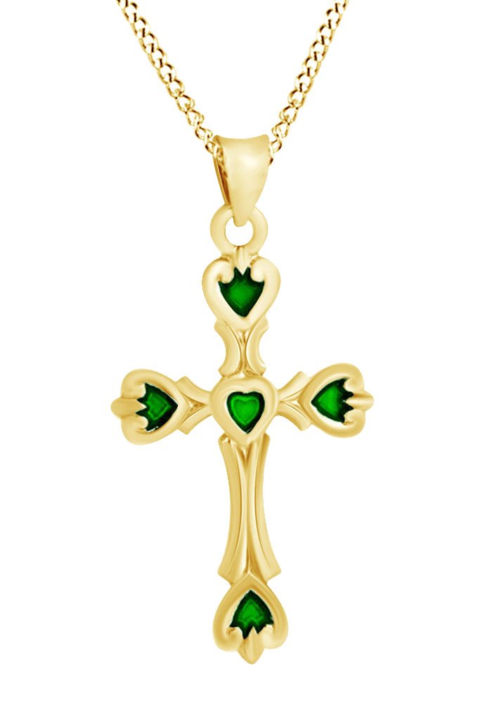 14K Gold Over Sterling Silver Simulated Green Emerald Cross Pendant Necklace - Elegant Easter Gift for Women, Perfect for Church, Weddings & Special Occasions