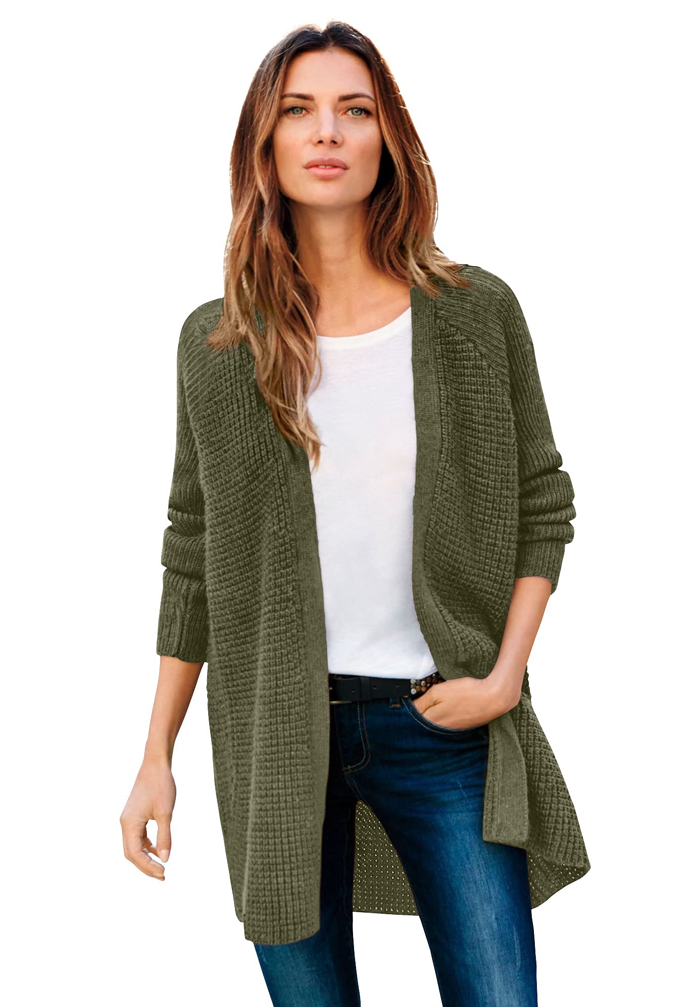 Ellos Women's Plus Size Open Front Waffle Thermal Cardigan Sweater - Cozy Long Sleeve Knit Wrap for Fall & Winter, Perfect for Lounge, Office & Casual Outfits
