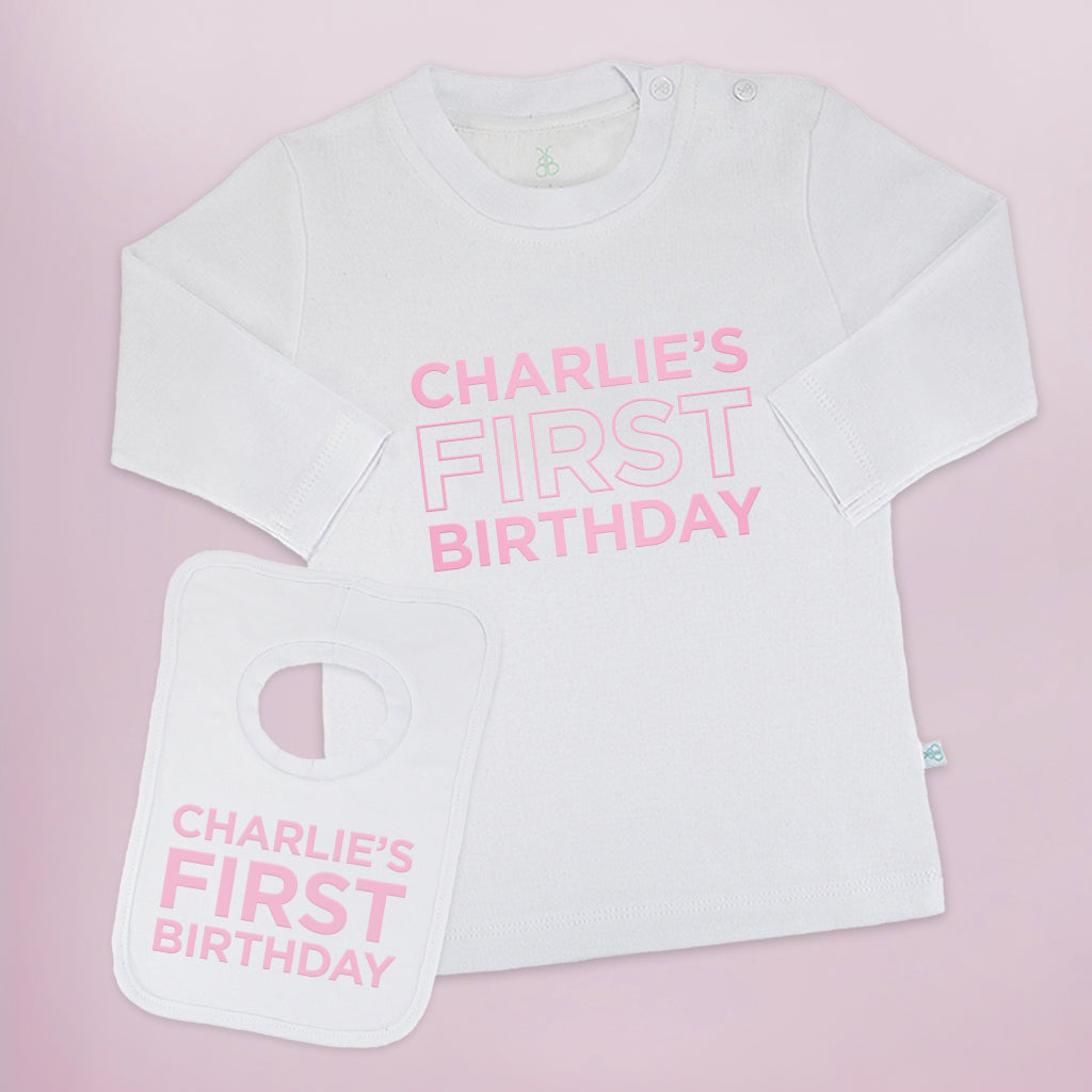 Personalized My First Birthday Long Sleeve T-Shirt and Bib Set - Baby Boy/Girl Gift for 1st Birthday Party, Photo Shoot & Milestone Celebration