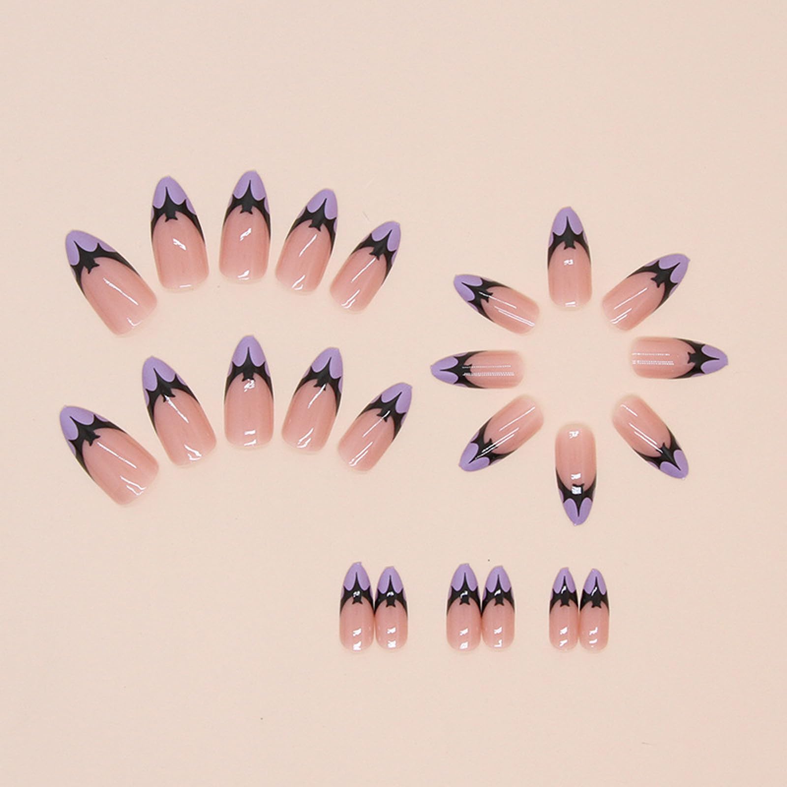 24pcs Halloween Press On Nails - Almond Shaped Purple Fake French Nails with Cute Bats Design | Short Glue On Nails for Day of the Dead | DIY At Home Manicure Kit for Women | Perfect for Halloween Parties, Cosplay & Costume Events