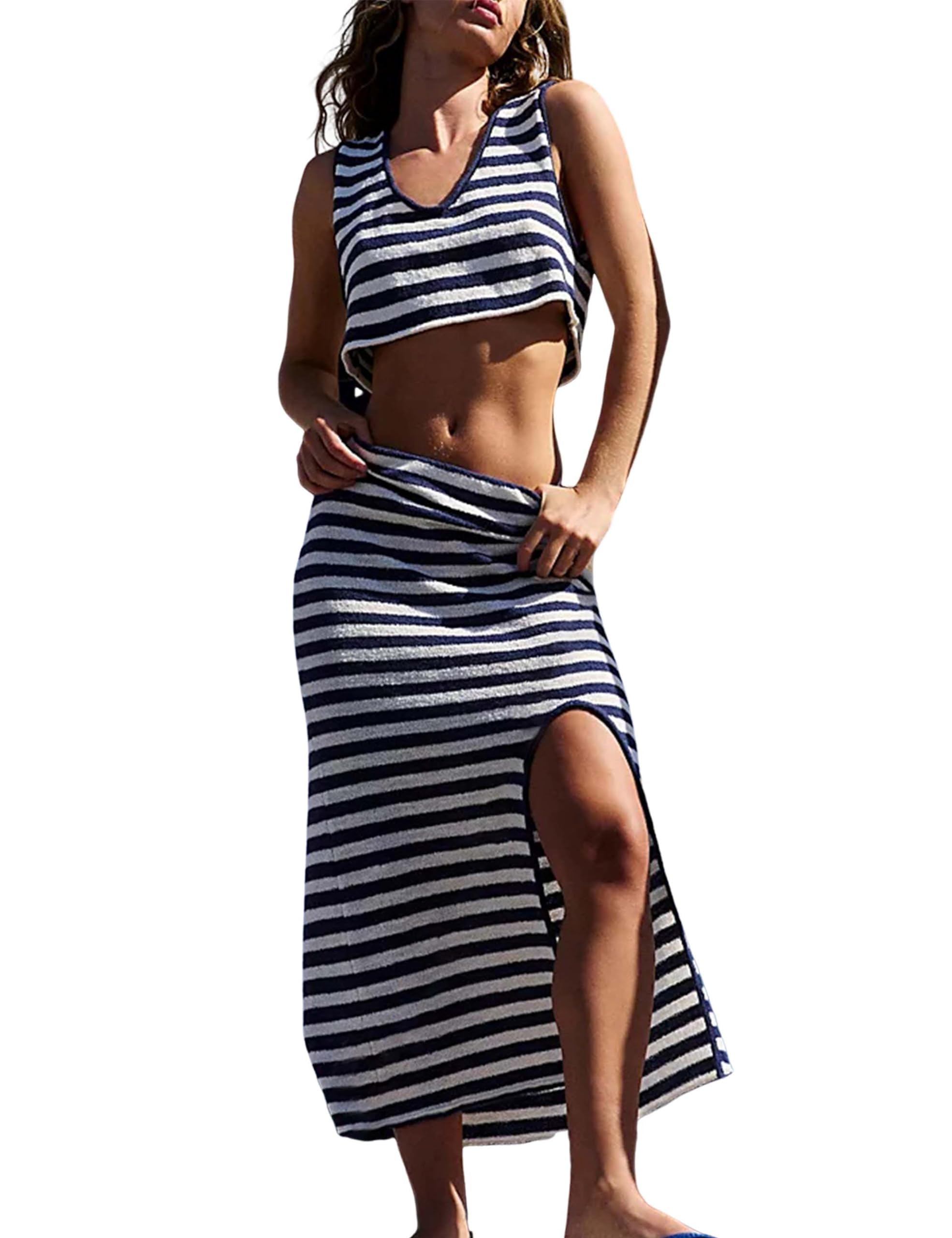 Women's Summer Sleeveless Knitted Striped Maxi Skirt and Tank Top Two Piece Outfit - Beachwear, Vacation, Casual Wear, Boho Chic Style