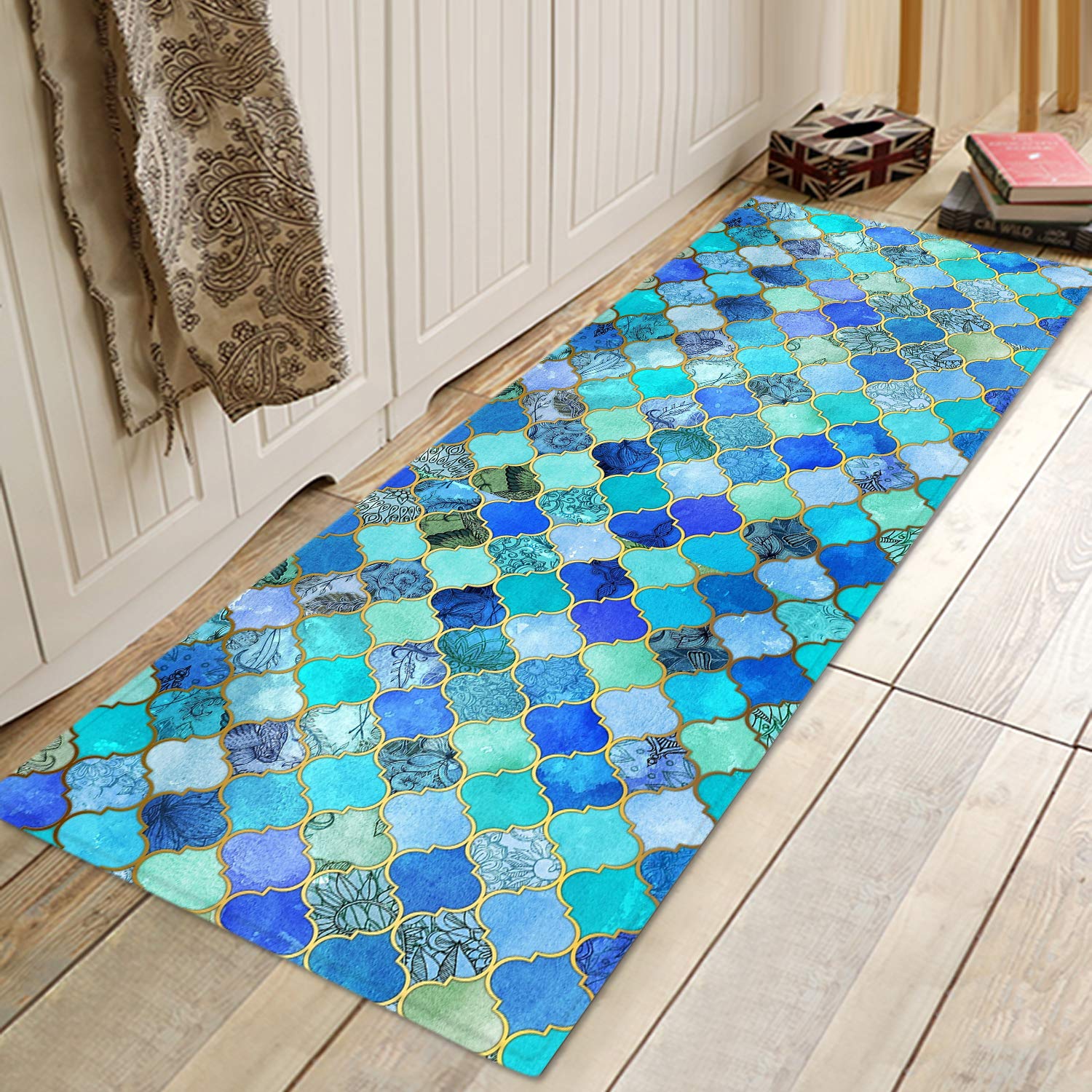Non-Slip Bath Rugs - Super Absorbent Sponge Foam Bath Mat with 3D Moroccan Lattice Print - Soft Flannel Backing for Bathroom, Kitchen & Laundry Room - Water Absorbing Floor Mat for Shower, Sink & High-Traffic Areas