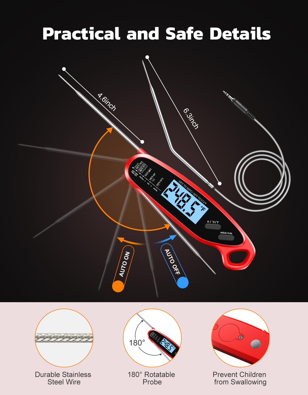 **Digital Instant Read Meat Thermometer with Dual Probes - Large Backlit LCD, Calibration Function - Perfect for Grilling, Smoking, BBQ, Oven, Air Fryer & Deep Frying - Essential Kitchen Cooking Tool**