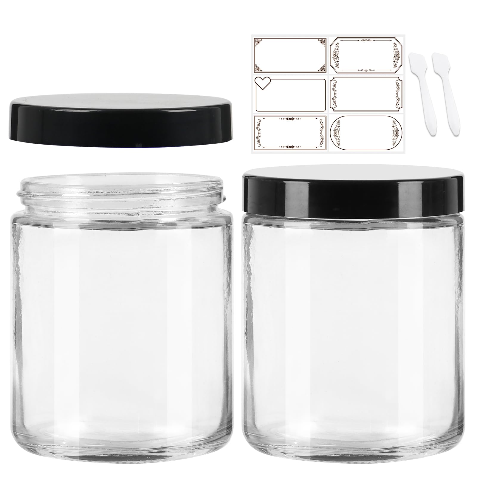 8 oz Clear Round Glass Jars with Black Lids (Pack of 2) - Airtight Cosmetic Containers for Face Cream, Lotion, Body Butter, Powder, Candle Making & Spice Storage - Perfect for DIY Beauty Products, Home Organizing & Gift Packaging