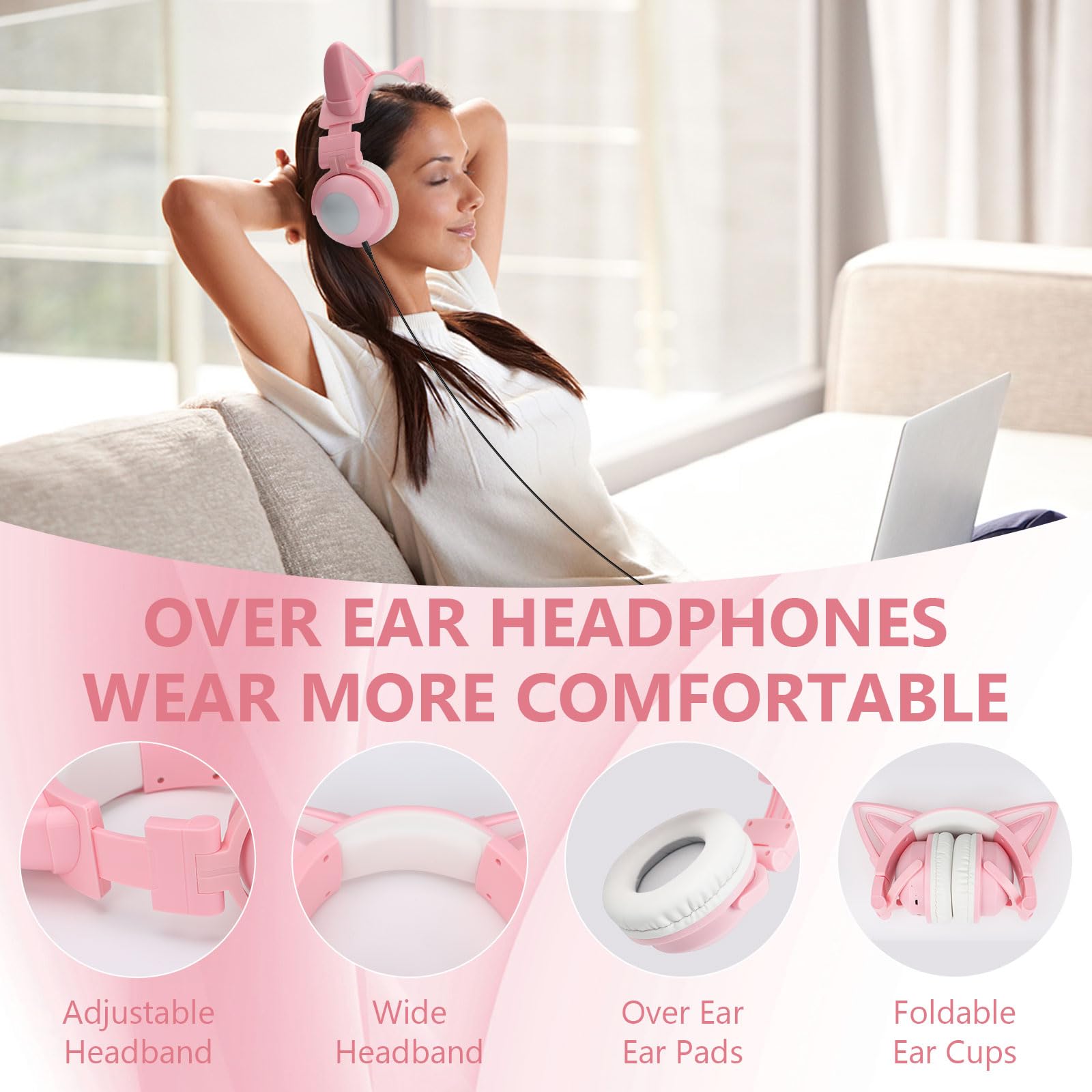 Wireless Cat Ear Headphones with LED Lights - Foldable Over-Ear Bluetooth Headset with Built-in Mic for Adults & Kids, Compatible with iPhone/Android/PC/Tablet/TV (Pink) - Perfect for Gaming, Music, Online Classes & Cosplay