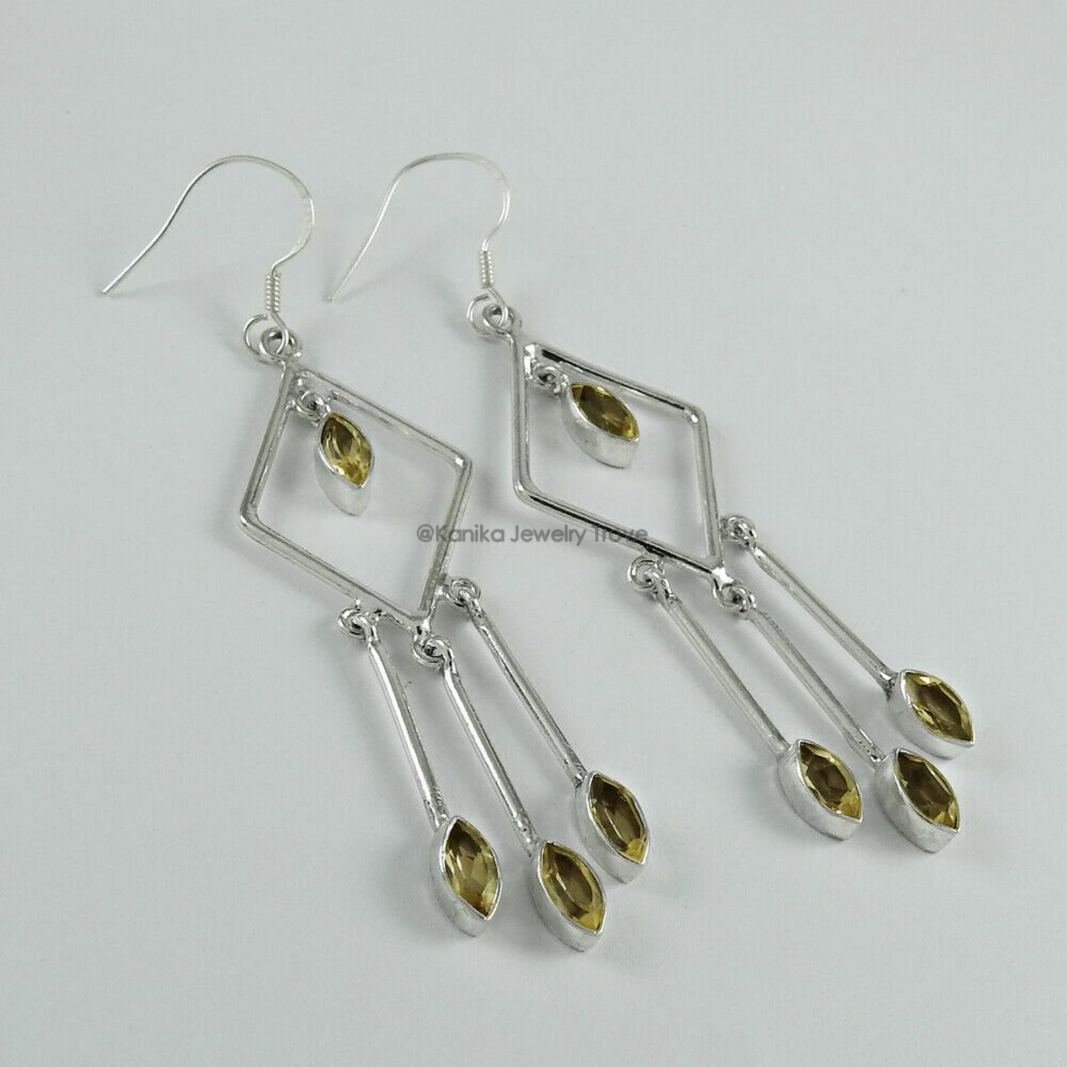 925 Sterling Silver Handmade Dangle Hook Earrings with Rhombus Natural Citrine Gemstone - Elegant Women's Jewelry for Party, Wedding & Everyday Wear