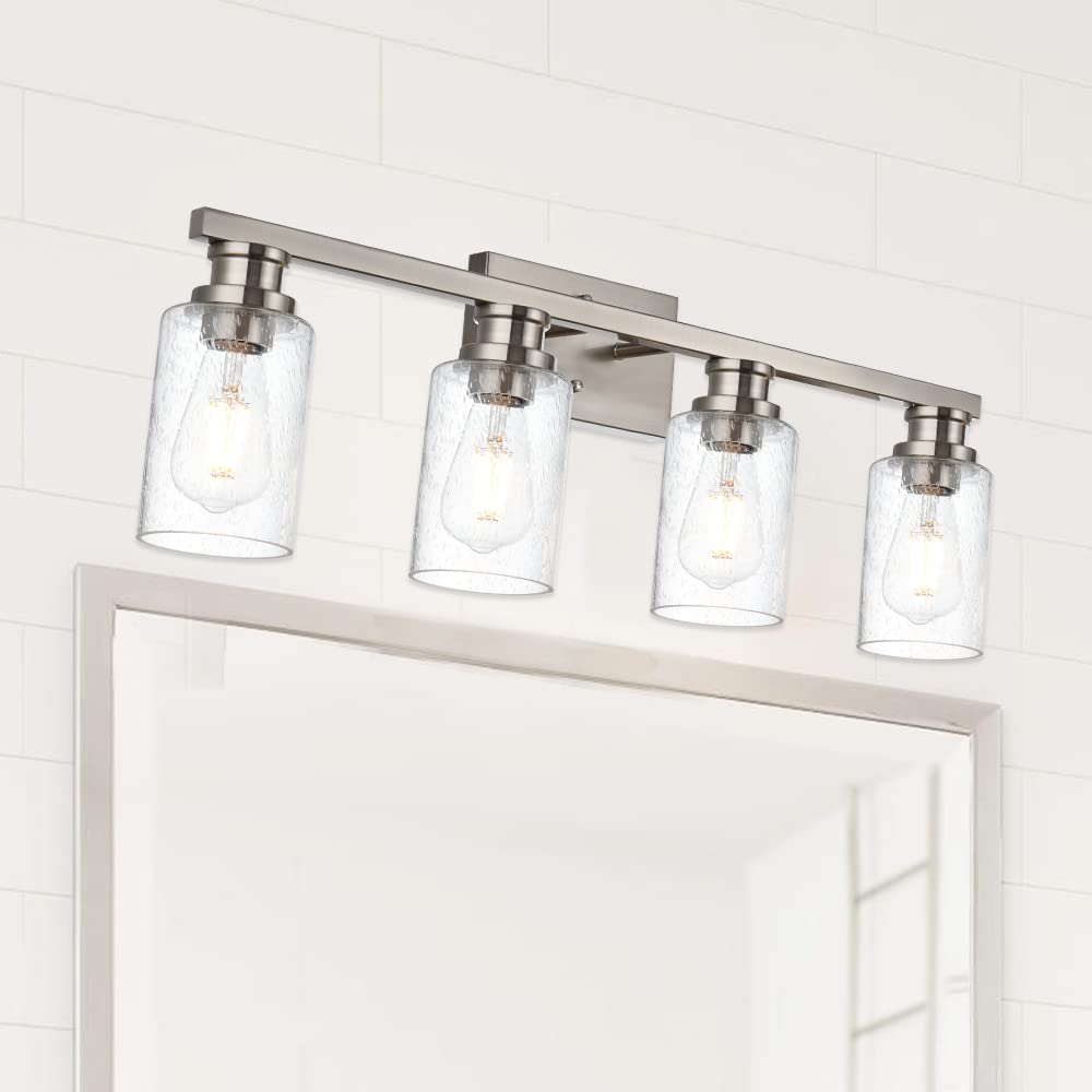 VINLUZ 4-Light Brushed Nickel Vanity Light Fixture - Industrial Bathroom Wall Sconce with Seeded Glass Shade for Mirror, Dressing Table, Porch & Bedroom Lighting - Perfect for Modern Home Decor