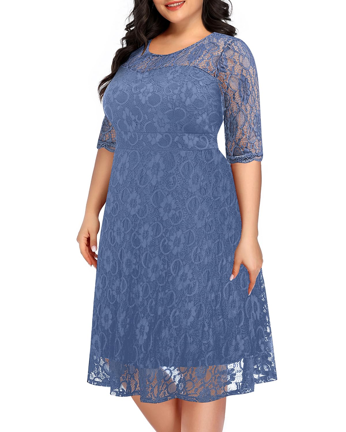 Elegant Plus Size Lace V-Neck Midi Dress for Women - Wedding Guest, Bridal Shower & Cocktail Party | Semi-Formal Occasion Wear for Special Events