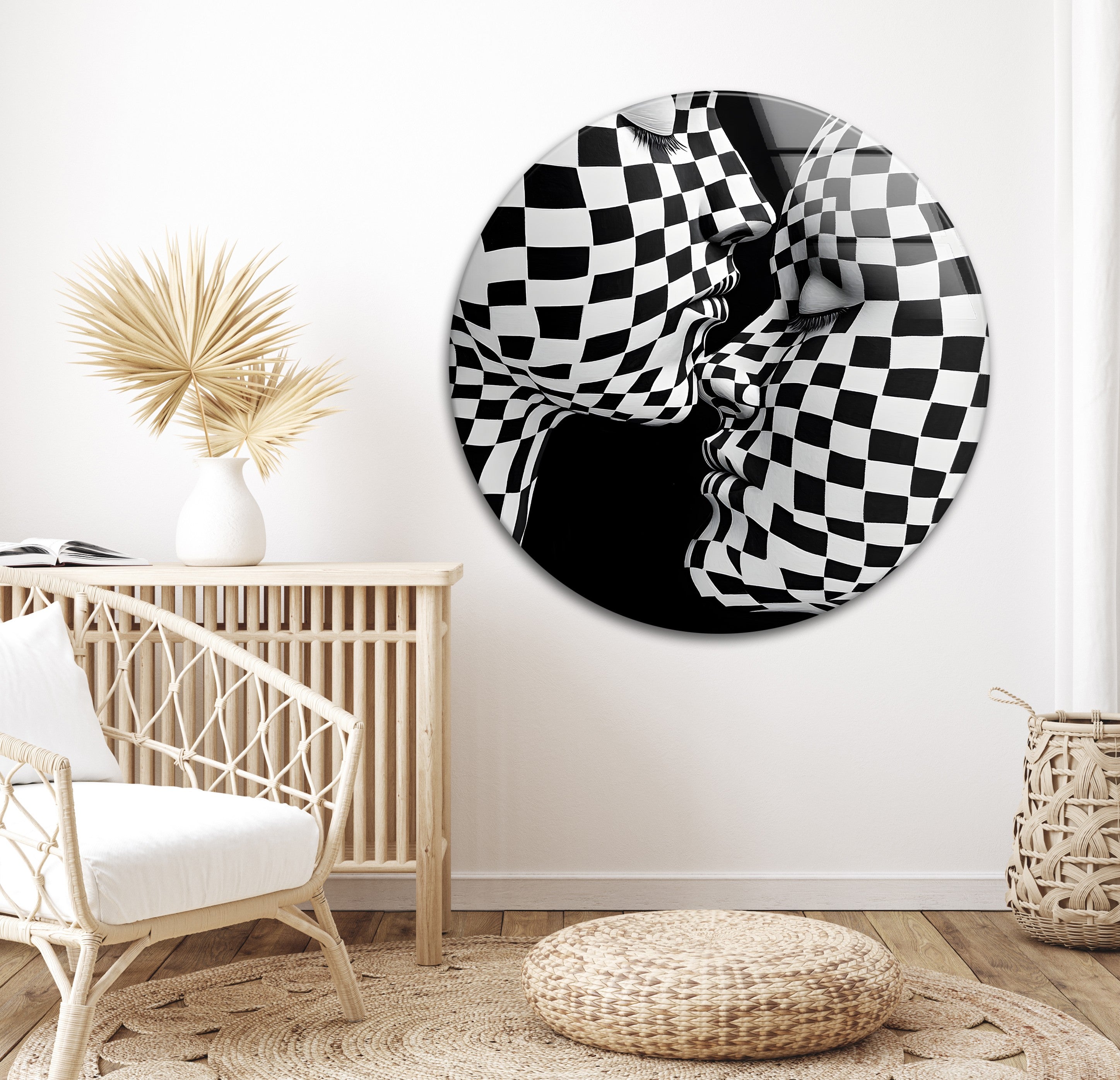Black and White Kiss Wall Art - Modern Checkered Glass Decor for Living Room, Bedroom & Office - Perfect for Home & Office Décor