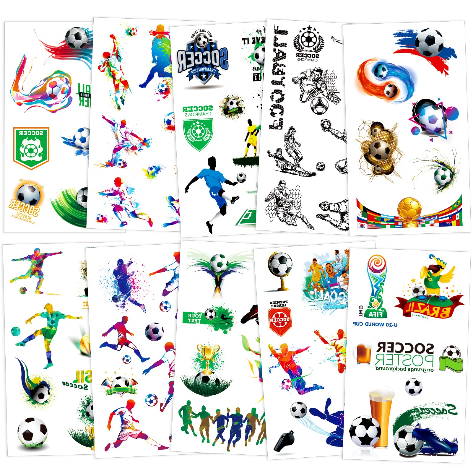 10PCS Football Temporary Tattoos for Kids, Boys & Adults - Soccer Ball Face Tattoos for World Cup Games, Birthday Parties & Sports Events - Fun Soccer Party Favors & Supplies