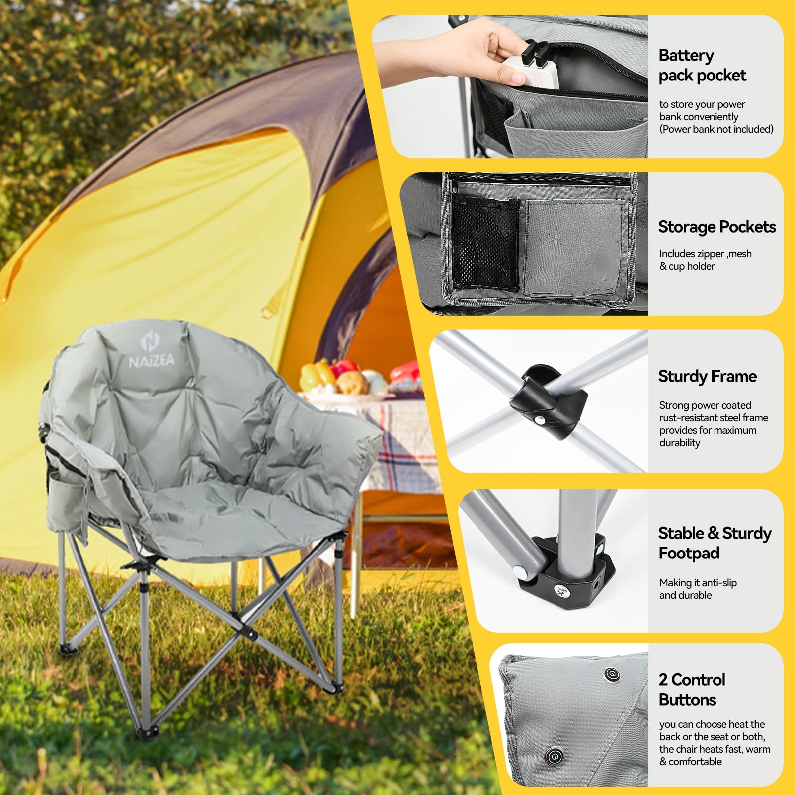 NAIZEA Oversized Heated Camping Chair - Portable Folding Lounge Chair with 3 Adjustable Heat Levels for Outdoor, Patio, Lawn, Sports & Moon Saucer Relaxation - Perfect for Camping, Backyard, Beach & Picnic Use