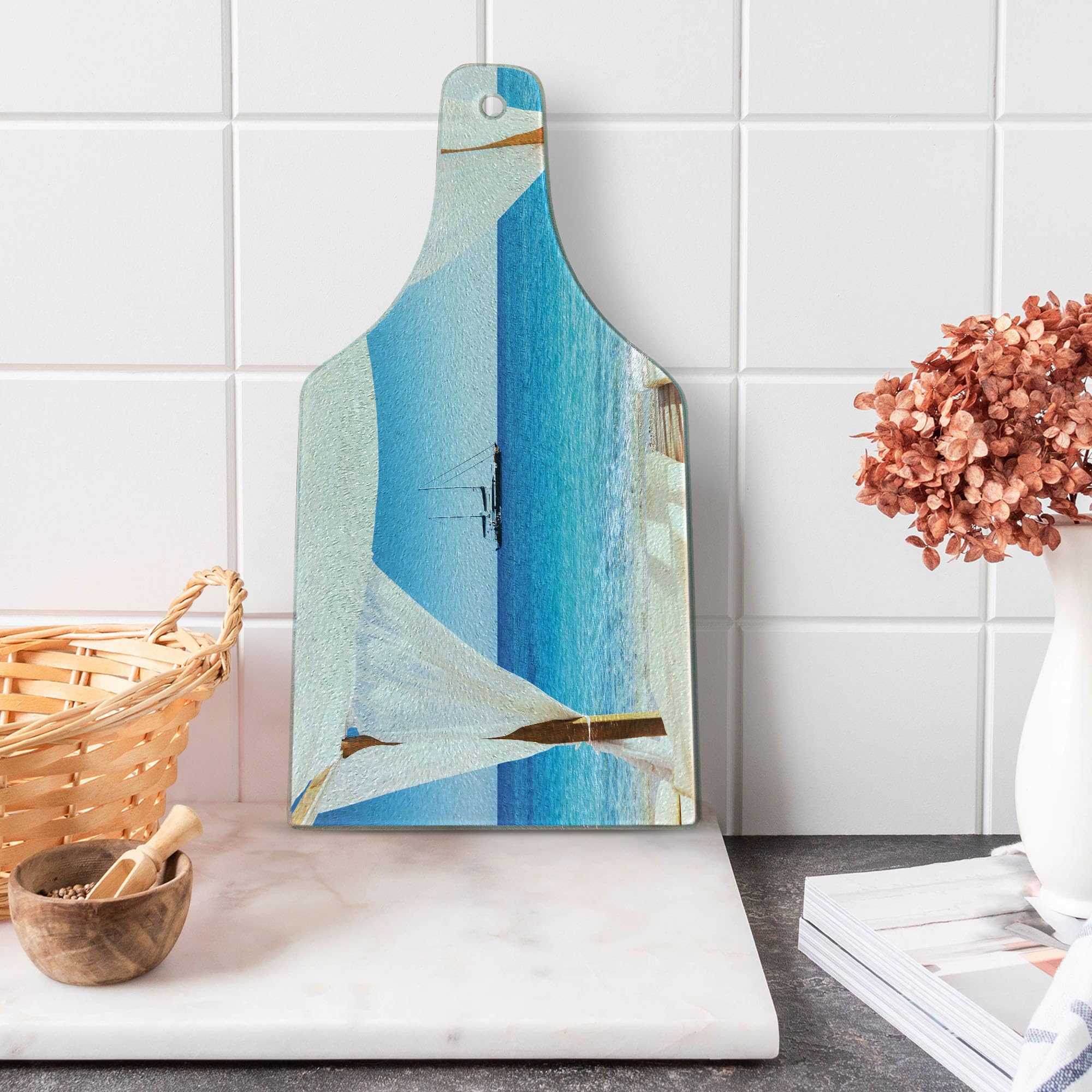 Ambesonne Balinese Beach Cutting Board - Tempered Glass Decorative Serving Board with Summer Sunshine & Clear Sky Design, Wine Bottle Shape in Blue & White | Perfect for Kitchen, Dining, Wine & Cheese Parties, Spa-Themed Decor