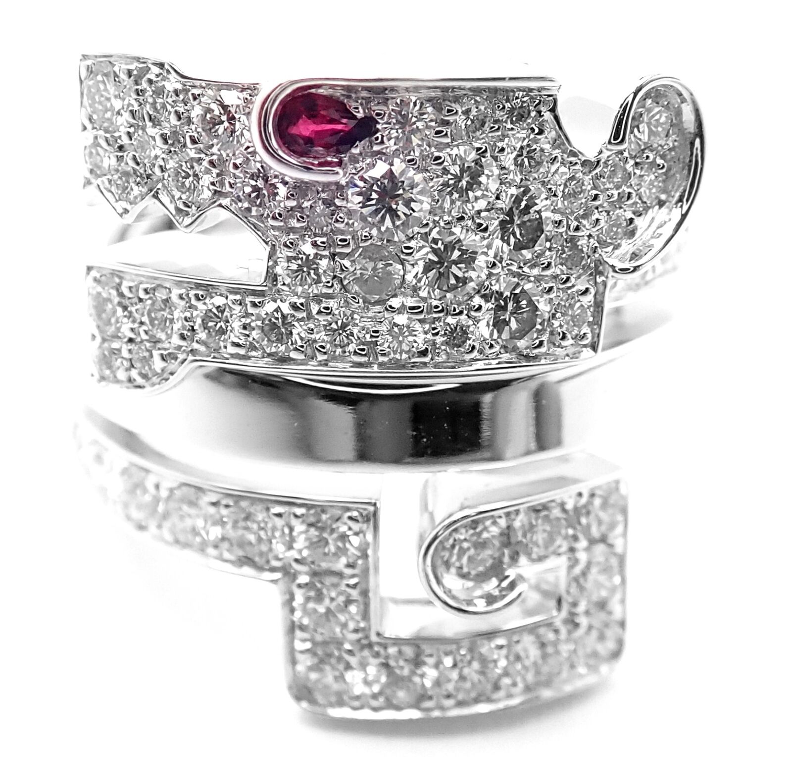 Authentic Cartier Le Baiser Du Dragon 18k White Gold Diamond Ruby Ring - Luxury Jewelry for Women, Elegant Gift for Anniversary & Special Occasions