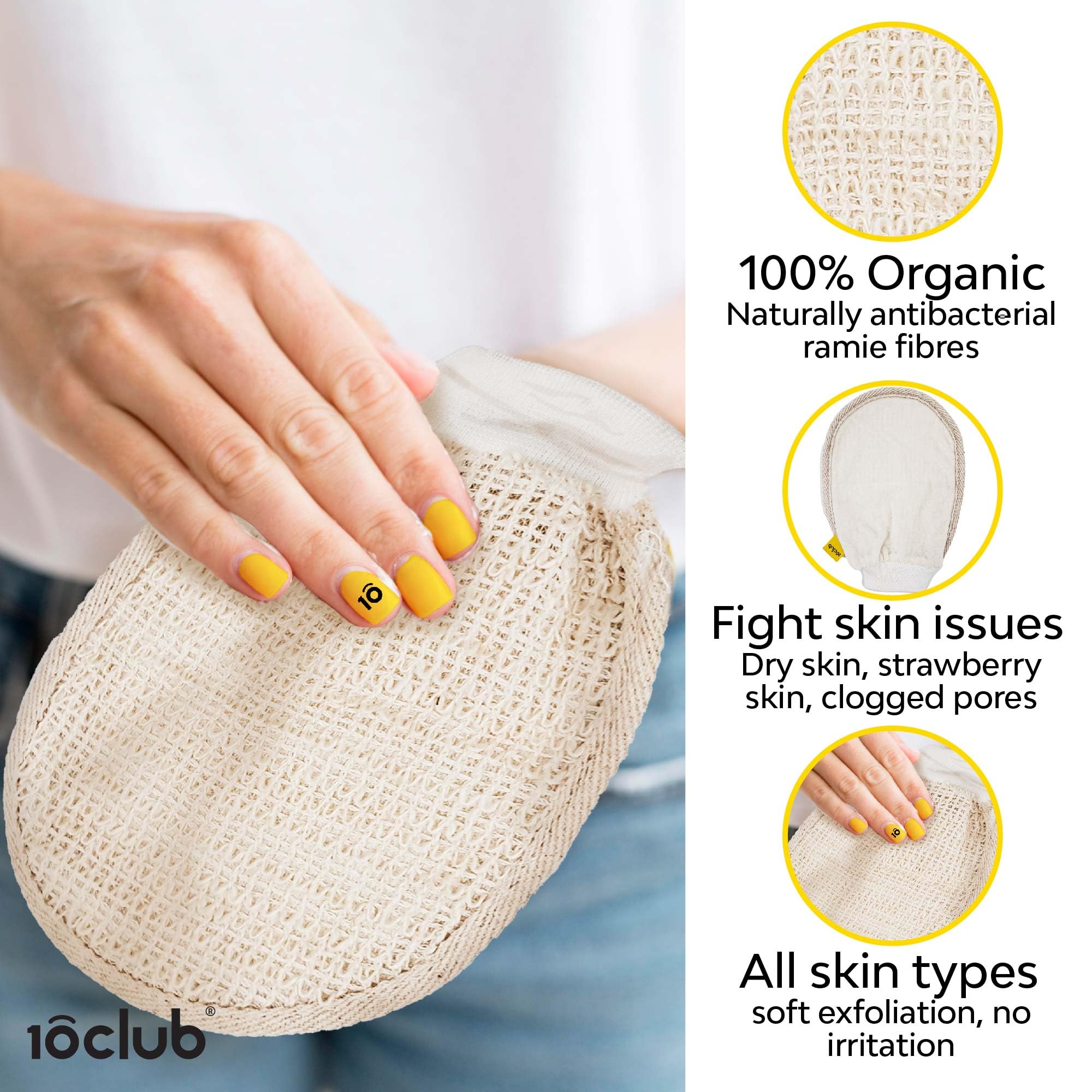 10Club Natural Ramie Bath Scrubs - Exfoliating Loofah Sponge for Men & Women | Eco-Friendly Body Scrubber for Shower & Spa | Large Size | Sustainable Bath Accessories for Smooth Skin Care Routine