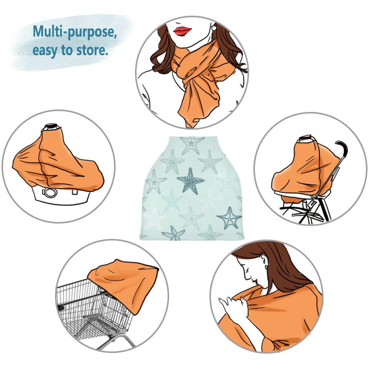 Multi-Purpose Baby Car Seat Canopy & Nursing Cover - Breathable Stroller and Car Seat Cover, Breastfeeding Shawl for Boys & Girls, Blue Starfish Design - Perfect for Travel, Shopping, and Outdoor Activities