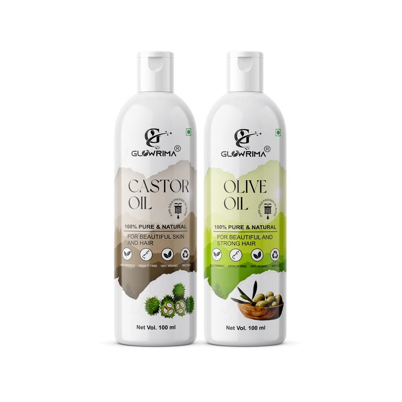 Glowrima 100% Pure Castor Oil & Olive Oil Combo Set (100ML Each) - Promotes Fast Hair Growth, Reduces Hair Loss, Repairs Split Ends for Soft & Shiny Hair - Perfect for Daily Hair Care & Scalp Massage (Pack of 2)