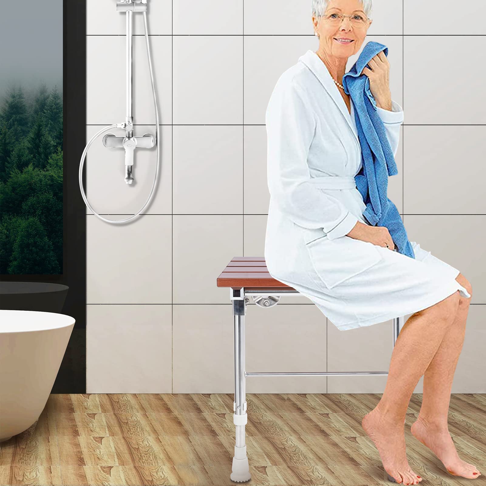 Foldable Wall-Mounted Shower Seat with Adjustable Height - Waterproof Wooden Shower Bench for Seniors & Small Spaces - Ideal for Bathroom Safety, Elderly Care, and Compact Shower Areas