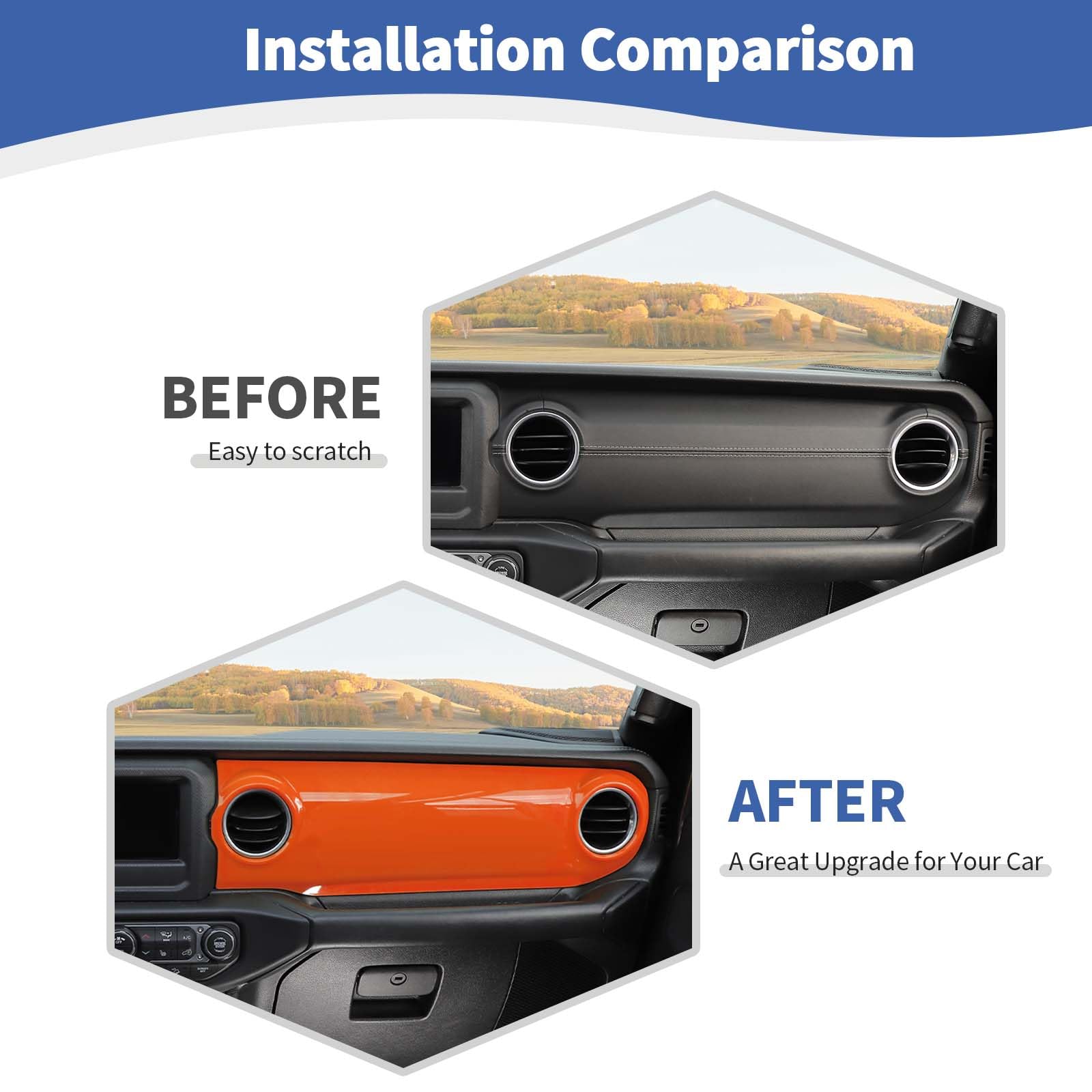 RT-TCZ Orange Dash Trim Cover & Gear Shift Panel Frame for Jeep Wrangler JL/JLU/Gladiator JT (2018-2023) - 3pc Interior Accessories Kit - Upgrade Your Ride's Style for Off-Road Adventures & Daily Commutes