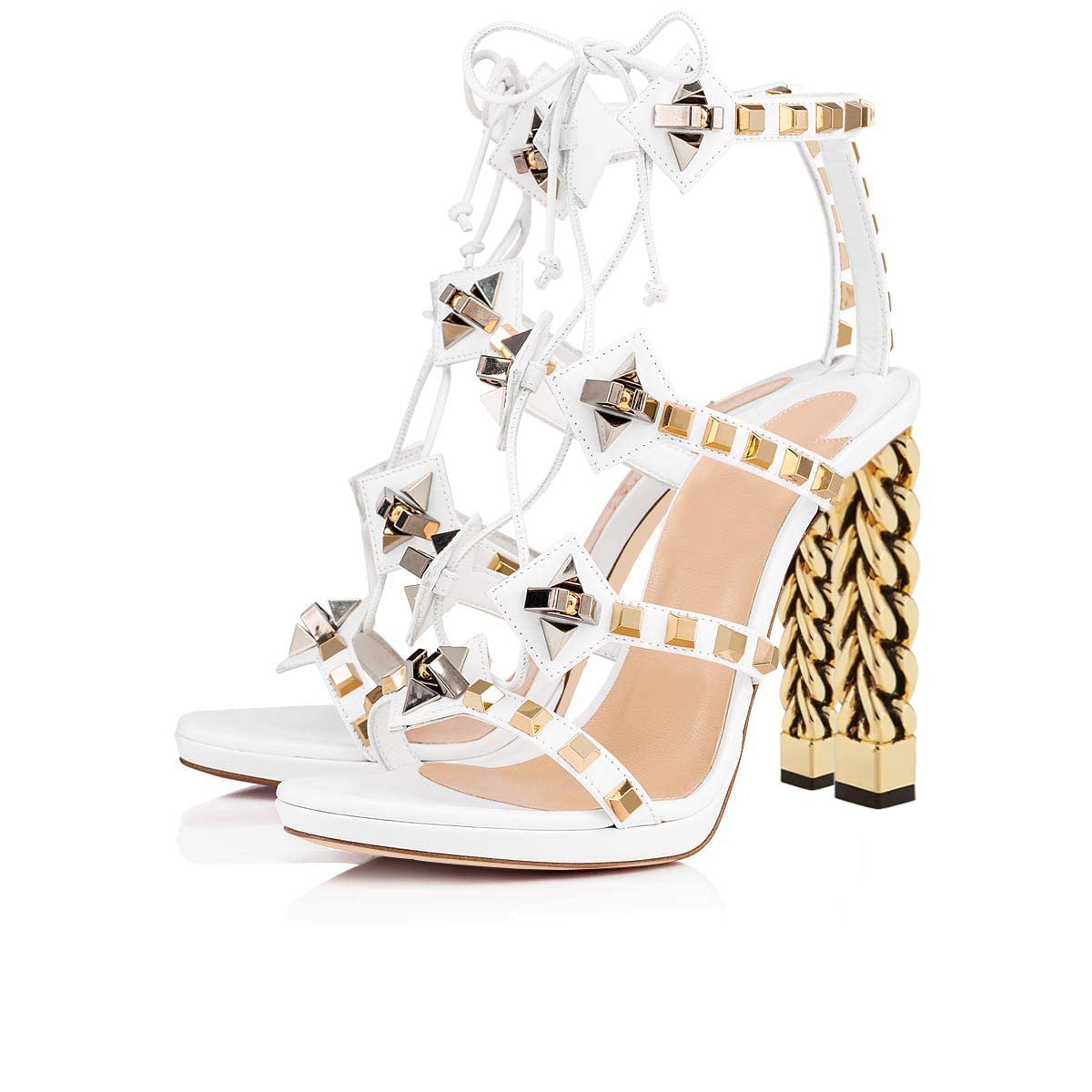 FSJ Women's Gold Metal Chain Thick High Heel Sandals - Open Toe Strappy Ankle Strap Studded Summer Dress Shoes in Ivory & Black (US 4-15) | Perfect for Weddings, Parties & Beach Vacations