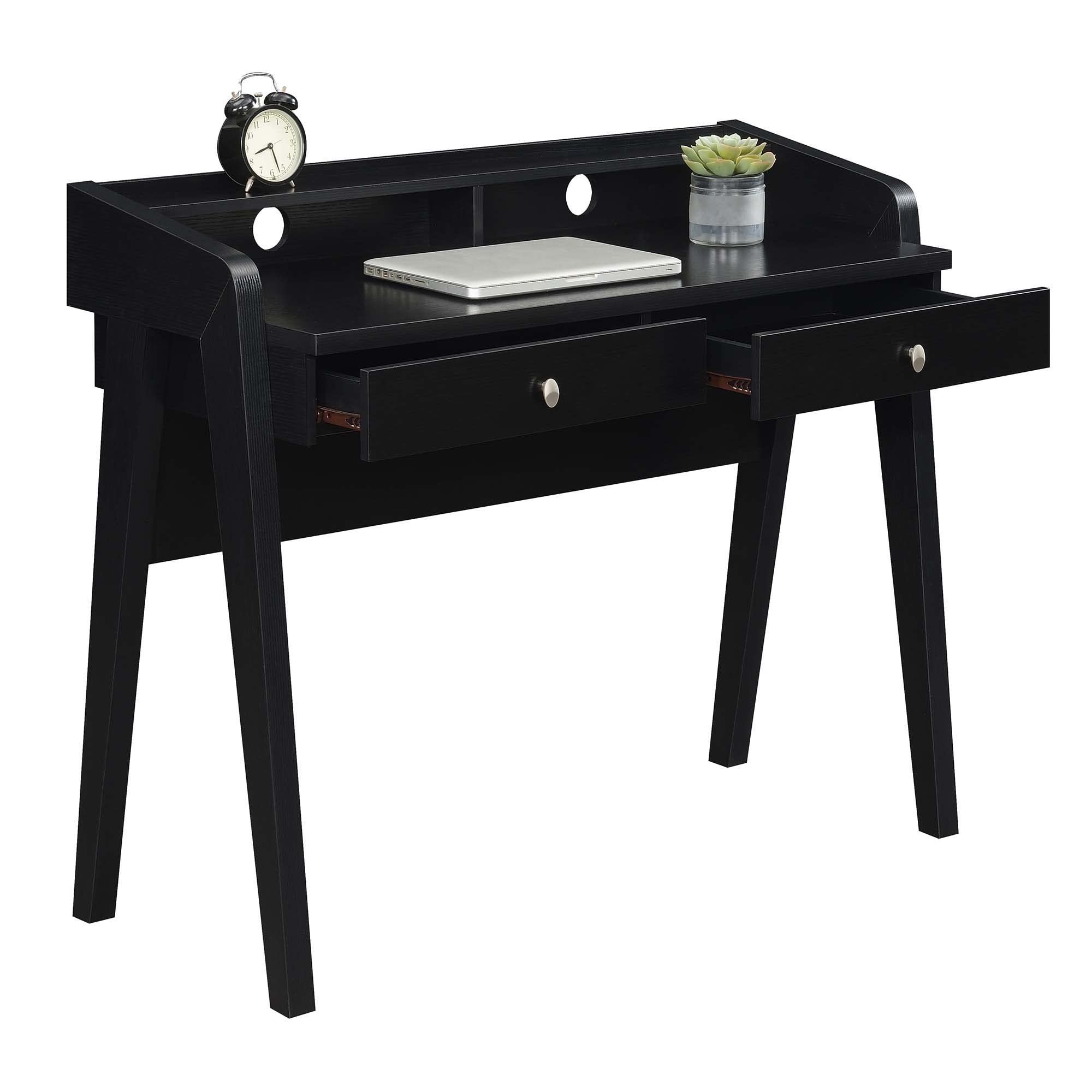 Convenience Concepts Newport Deluxe 2-Drawer Writing Desk with Storage Shelf - Black Finish for Home Office & Study Room