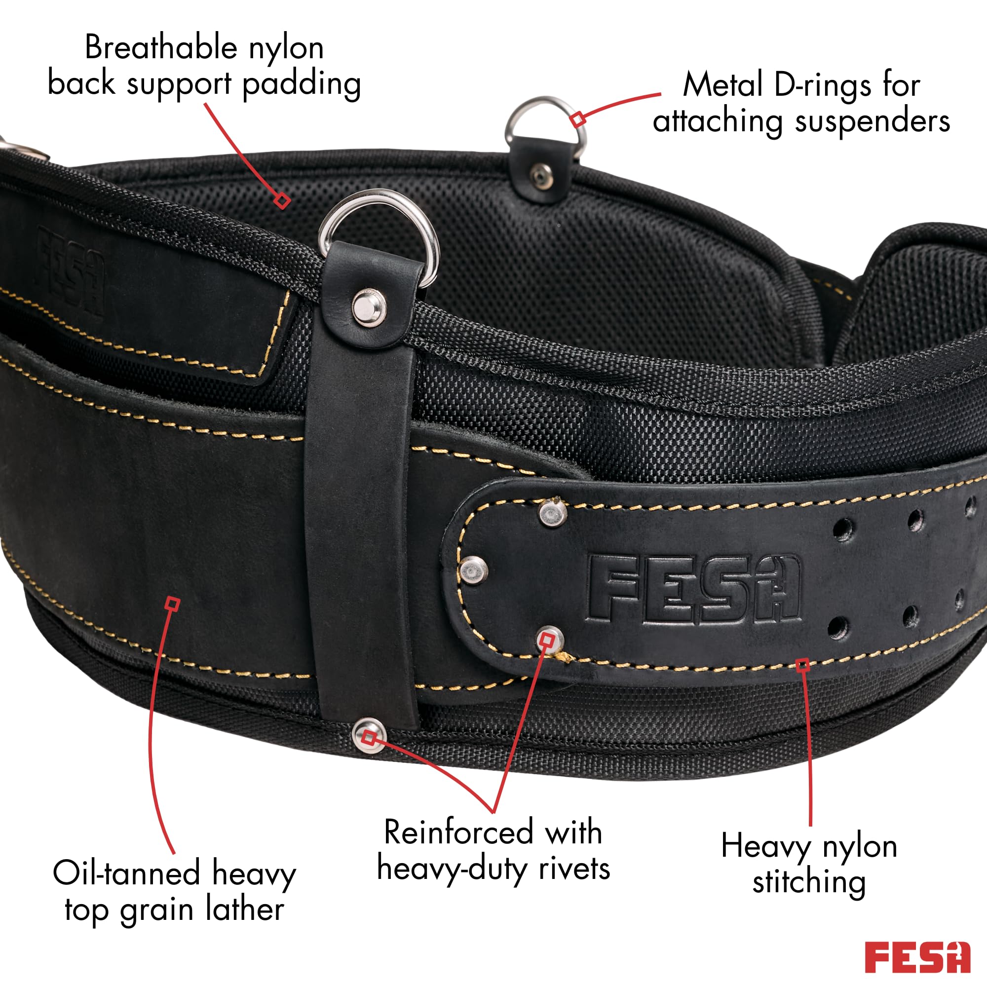 FESA Men's Padded Tool Belt with Leather Back Support - Breathable Nylon Padding Work Belt for Electricians & Construction Workers (35