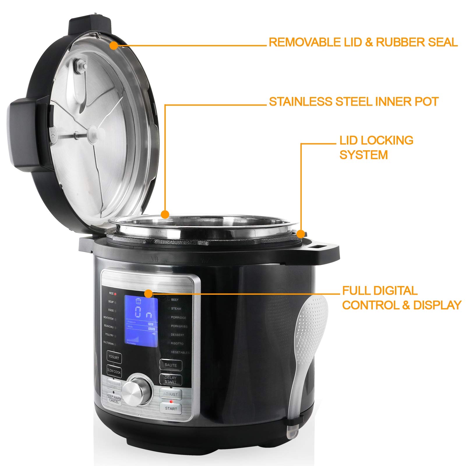 Megachef 6 Quart Stainless Steel Electric Digital Pressure Cooker with Lid - Fast & Safe Cooking for Soups, Stews, Rice & More | Perfect for Home Kitchens & Meal Prep