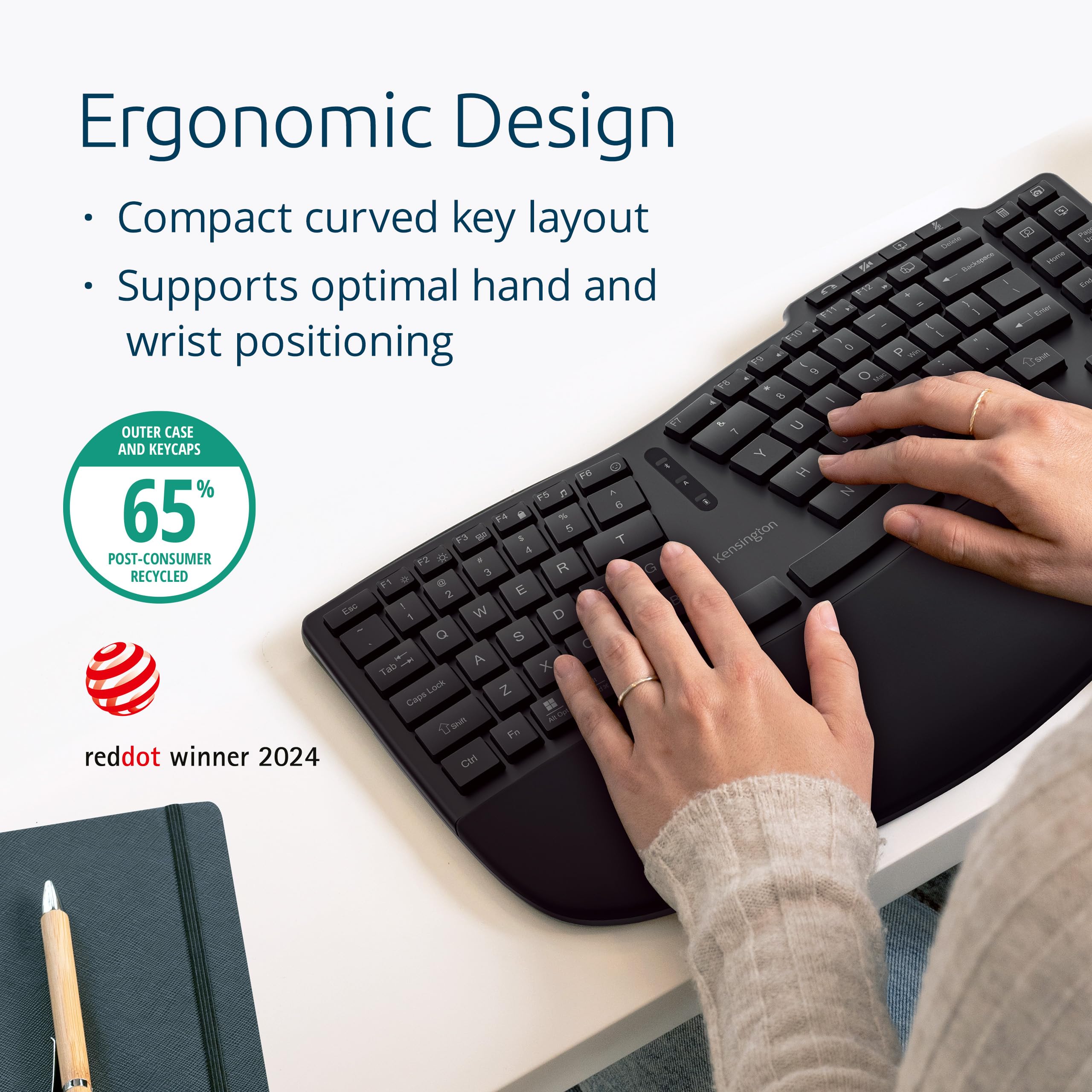 Kensington Pro Fit Ergo KB675 EQ Wireless Split Keyboard with Built-in Wrist Rest - TKL Design, Low Profile Silent Keys, Rechargeable, Bluetooth & 2.4GHz - Programmable Ergonomic Keyboard for Office & Home (Black, K75491US)