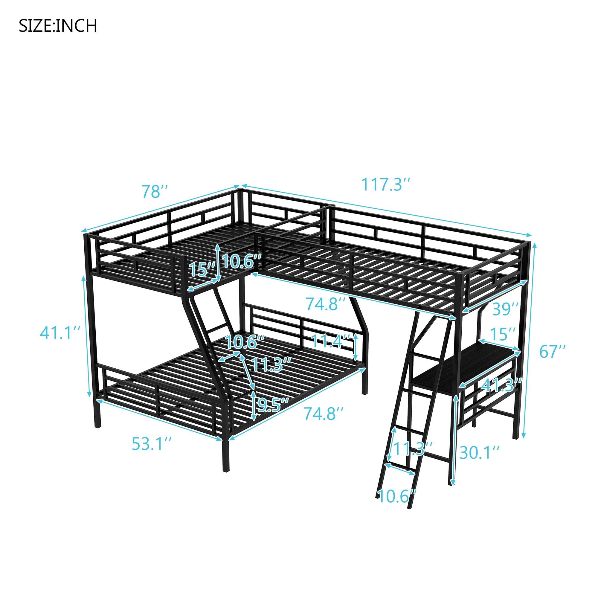 Metal Bunk Bed Frame with Loft & Desk - Twin Over Full for Kids' Bedroom
