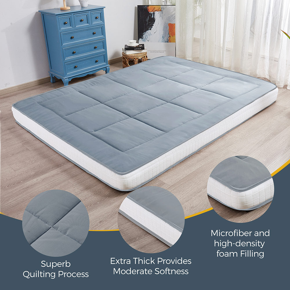MAXYOYO Padded Comfortable Floor Mattress - Blue Gray | Extra Thick Foldable Guest Bed | Perfect for Camping, Sleepovers & Small Space Living