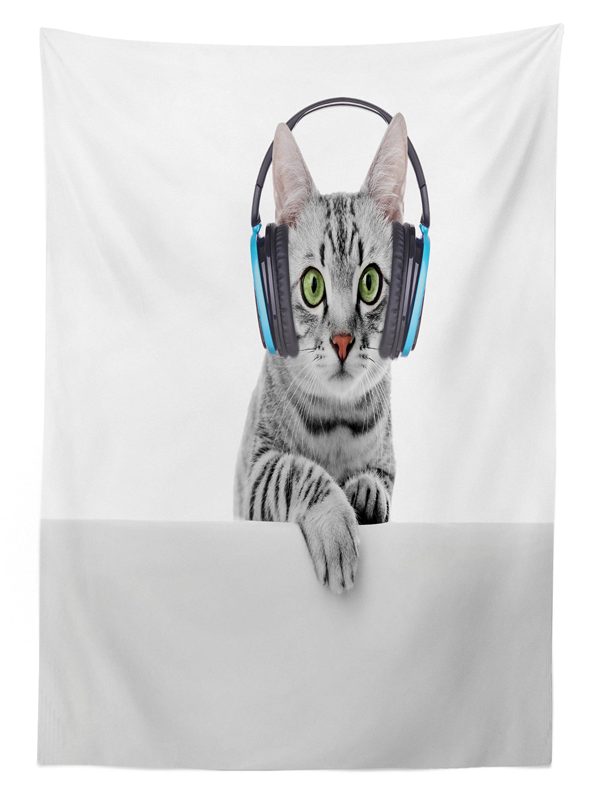 Ambesonne Music Themed Outdoor Tablecloth - Funny Cat with Headphones Animal Art Print, Washable Picnic Table Cover 58x104 Inches Grey White - Perfect for Garden Parties, BBQs, and Outdoor Dining Decor
