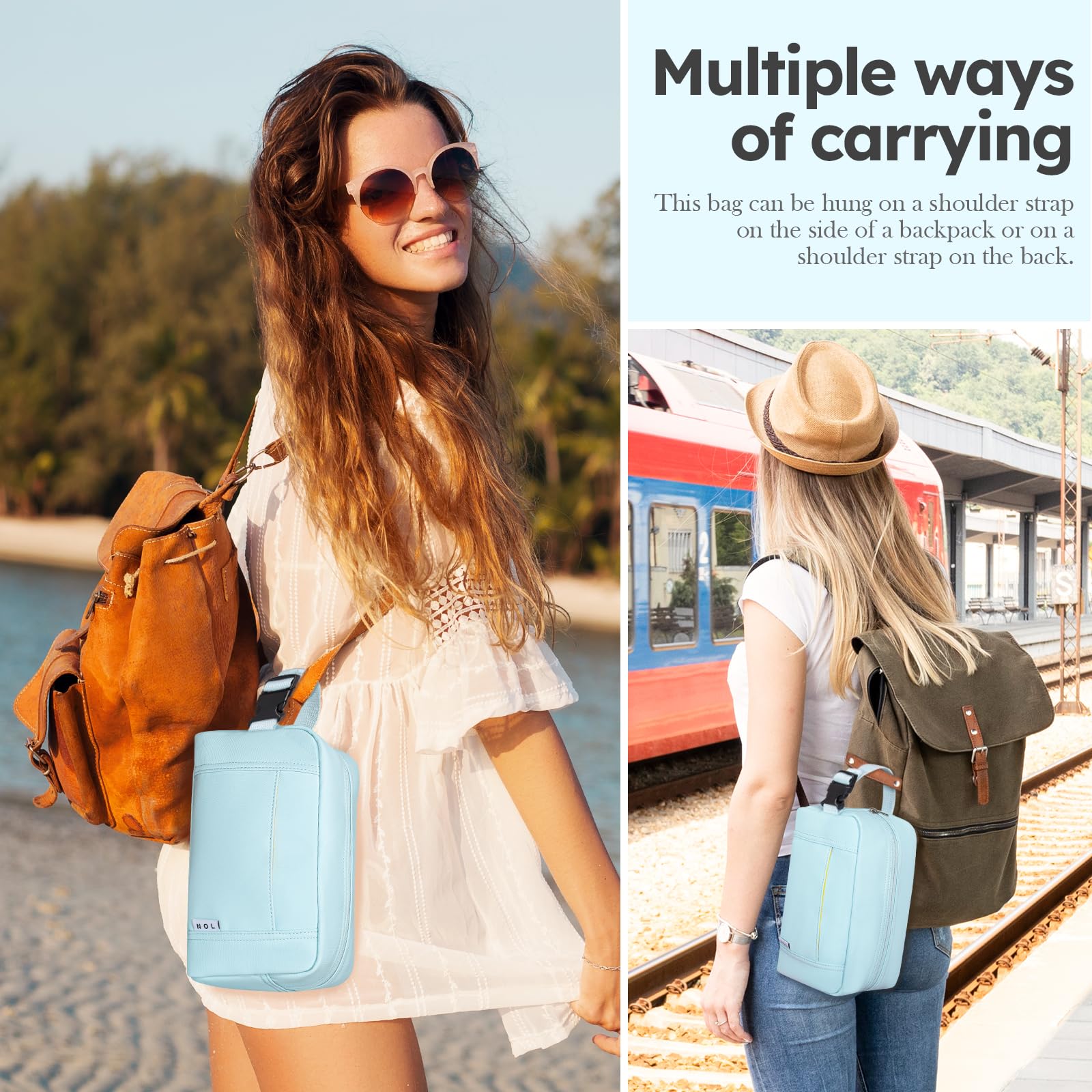 NOL Natural Organic Lifestyle Waterproof Nylon Makeup Bag - Lightweight Travel Toiletry Organizer for Women & Men, Reusable Cosmetic Pouch with Zip Closure & Buckle Handle (Light Blue) - Perfect for Travel, Gym, Beach & Daily Essentials Storage