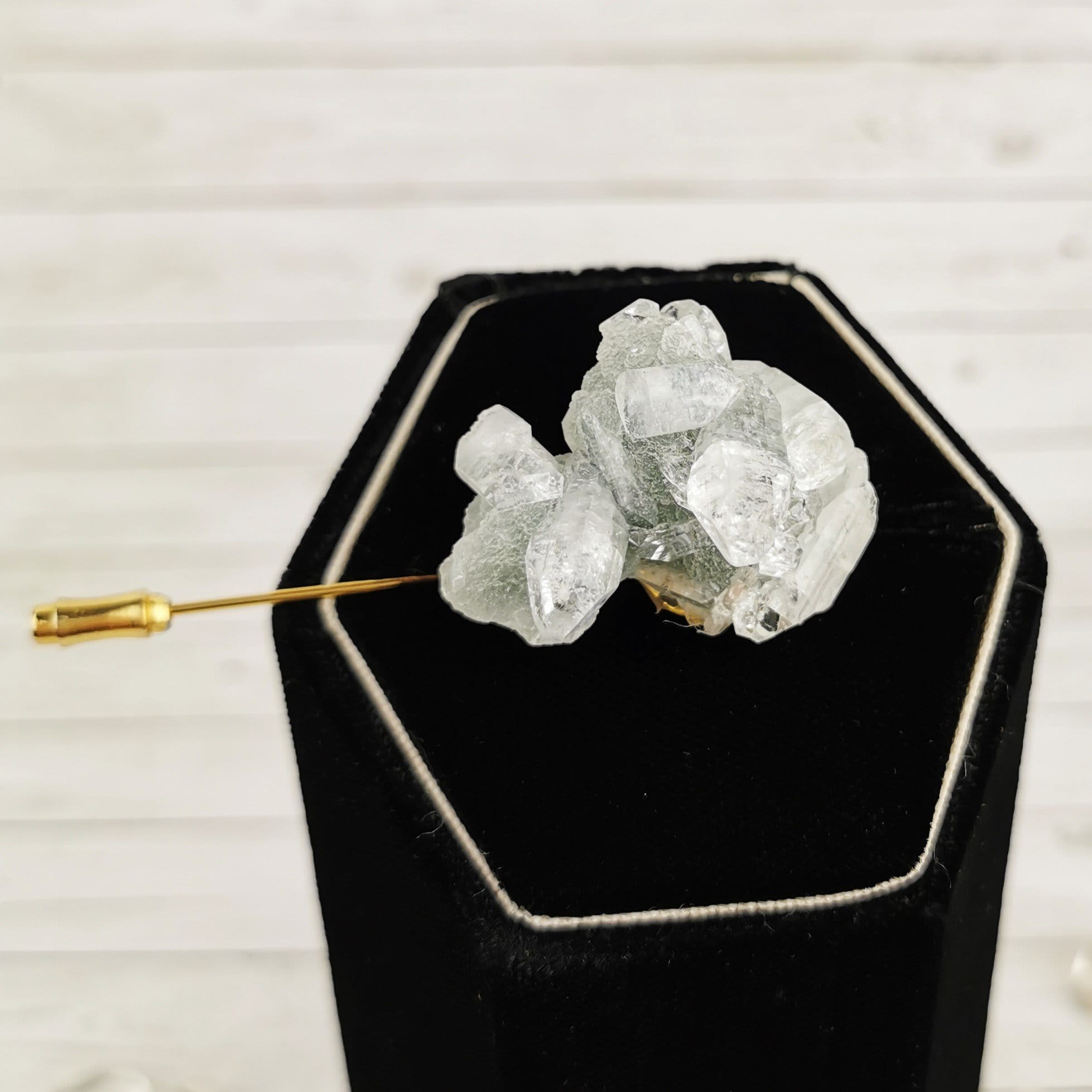 Natural Apophyllite Crystal Boutonniere Pin - Healing Stone for Men's Suits, Wedding, Prom & Formal Events