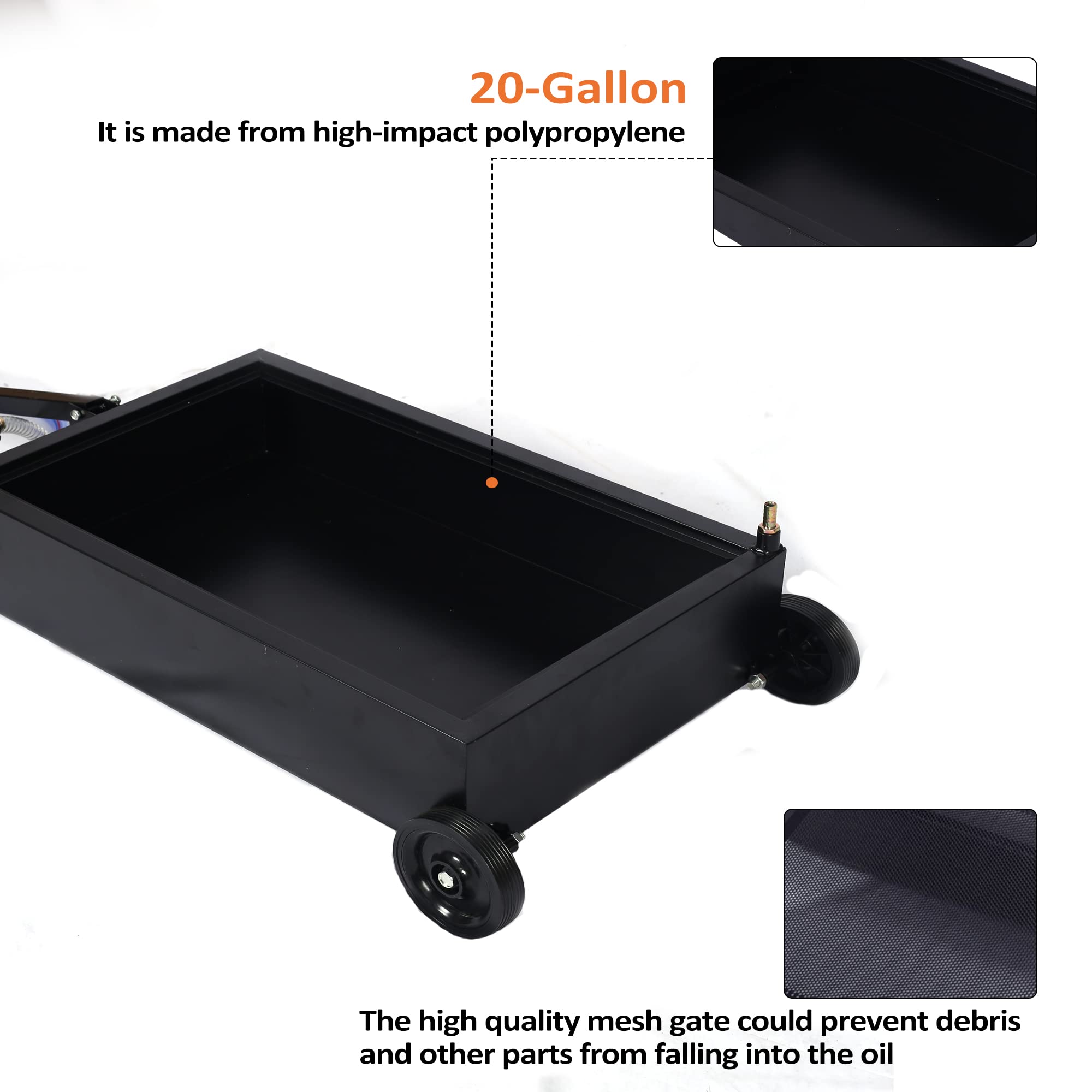 20 Gallon Oil Drain Pan with Electric Pump - Portable Low Profile Oil Change Tank for Cars, SUVs & Trucks - Large Capacity Oil Drain Pan with Hose & Swivel Caster Wheels - Ideal for Garage, Auto Shop & DIY Oil Changes (Black)