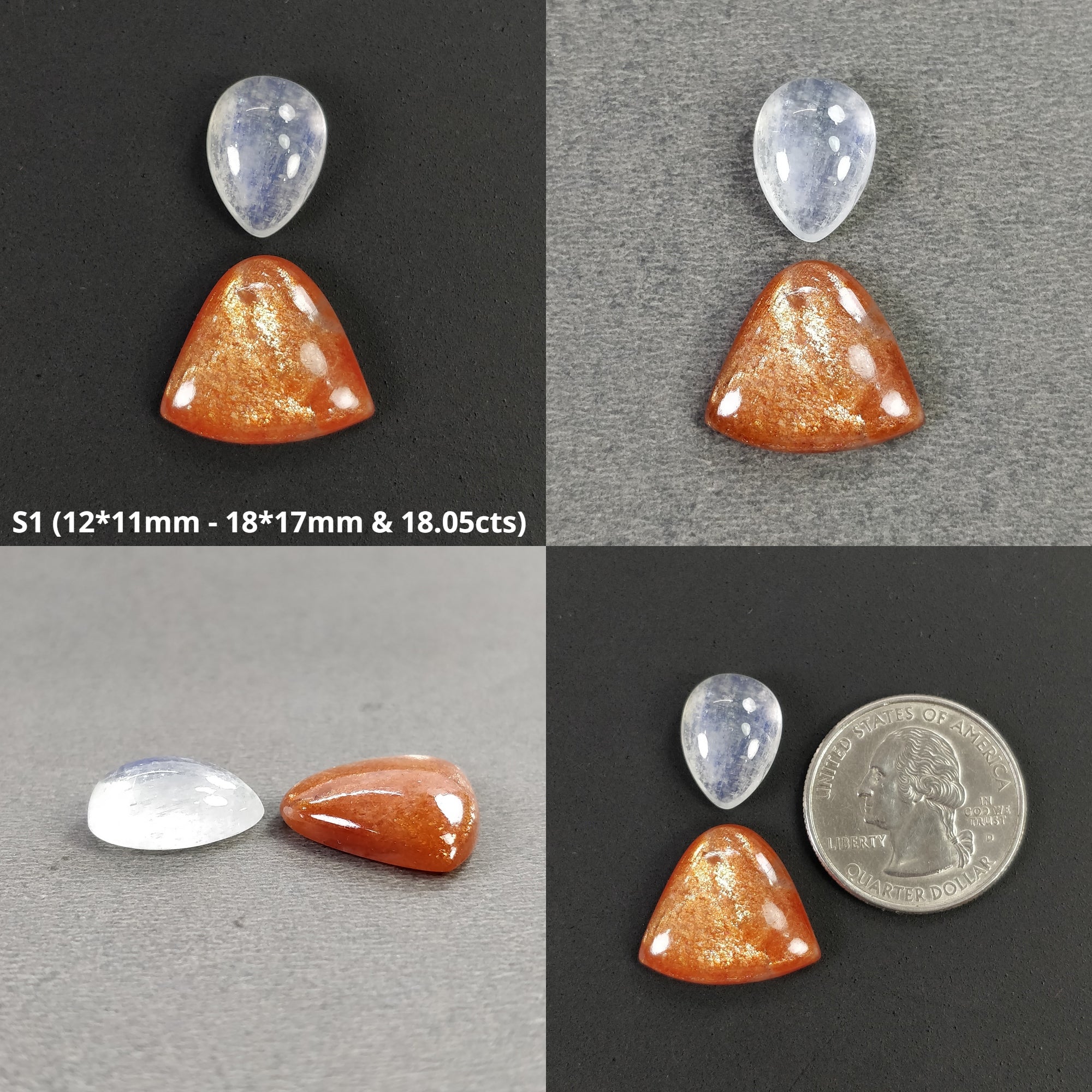 Natural Untreated Chatoyant Orange Sunstone & Rainbow Moonstone Cabochon Gemstones - 2pcs Uneven Triangle Shape for Jewelry Making, Wire Wrapping, and Healing Crystal Collections