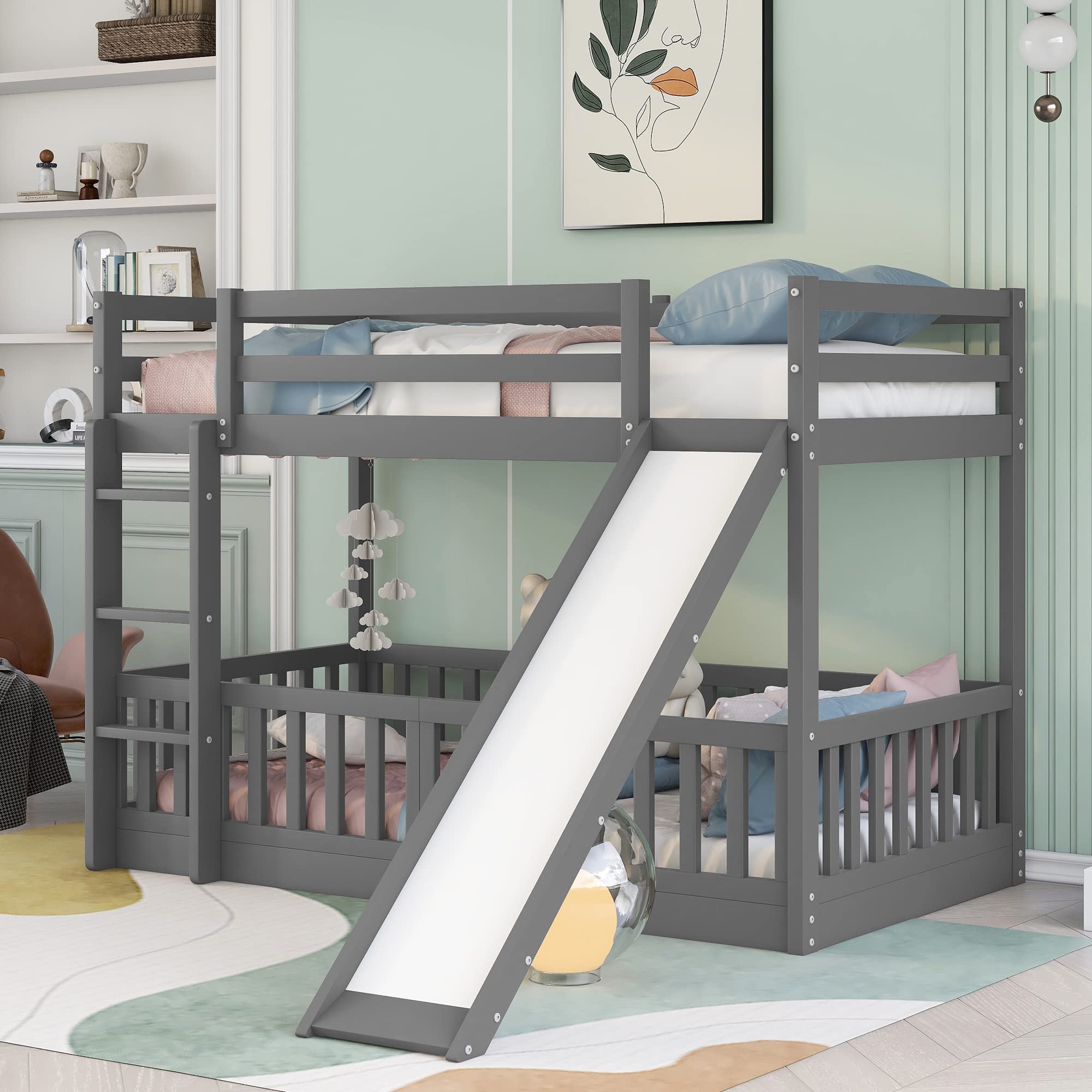 Twin Over Twin Bunk Bed with Slide and Ladder - Wooden Low Loft Bed Frame for Kids, Toddlers, Boys & Girls - Space-Saving Gray Bedroom Furniture for Small Rooms, Kids' Bedrooms & Sleepovers