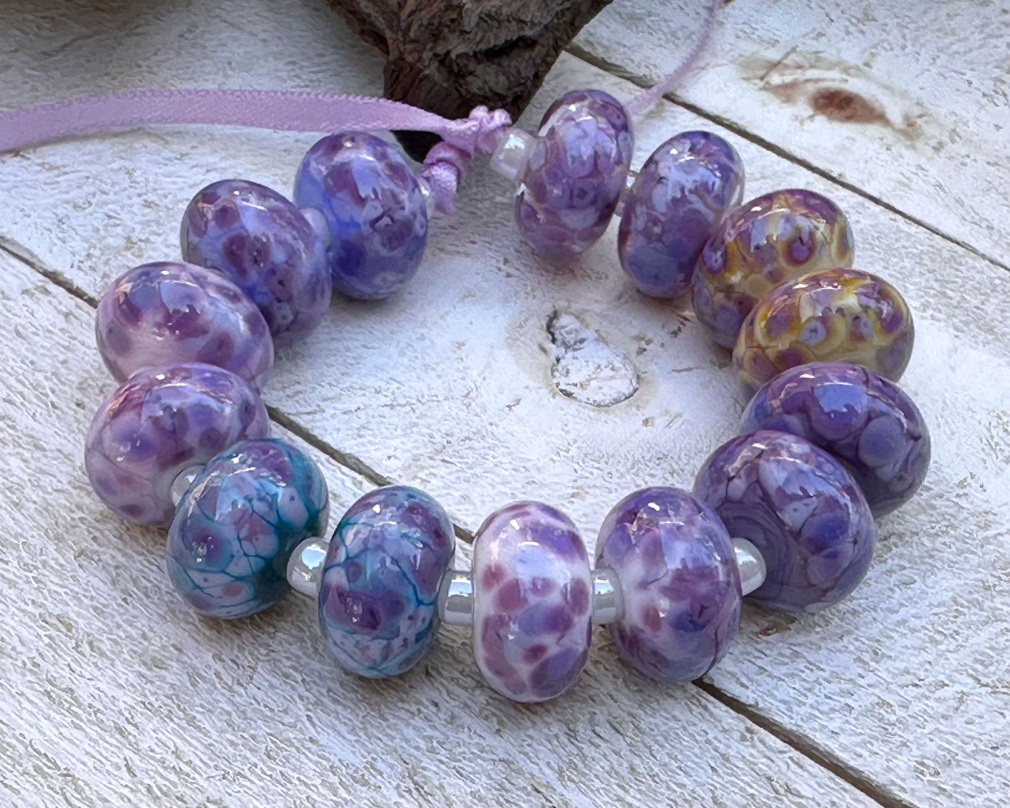 14 Vibrant Purple Mosaic Lampwork Glass Beads Set for Jewelry Making - DIY Bracelet, Necklace & Craft Projects (SRA)